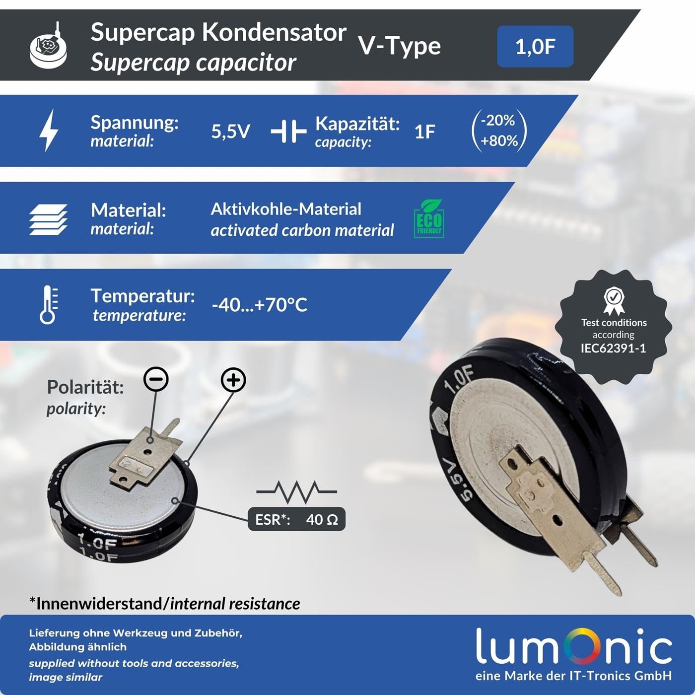 Lumonic Supercap 1,0F 5,5V V-Type EDLC Monoblocco Protezione da sfarfallio Backup PLC Riscaldamento