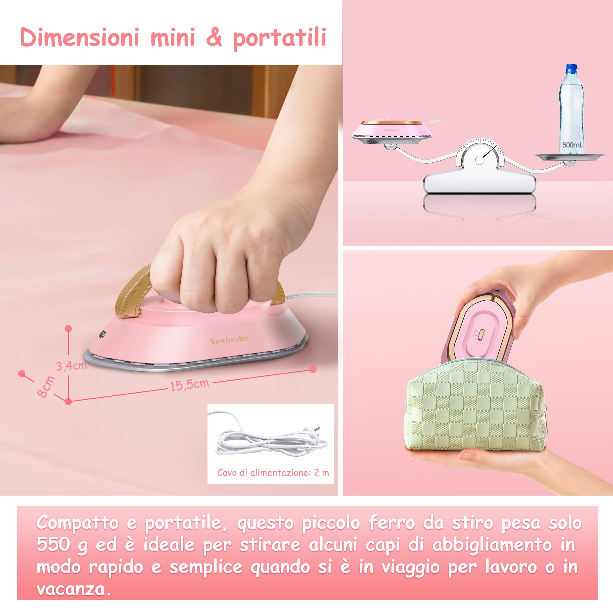 Newbealer Ferro da Stiro da Viaggio, Ferro da Viaggio Mini Portatile Leggera Compatto senza Vapore, Stirare i Vestiti, Doppio Voltaggio 100V-240V, rosa