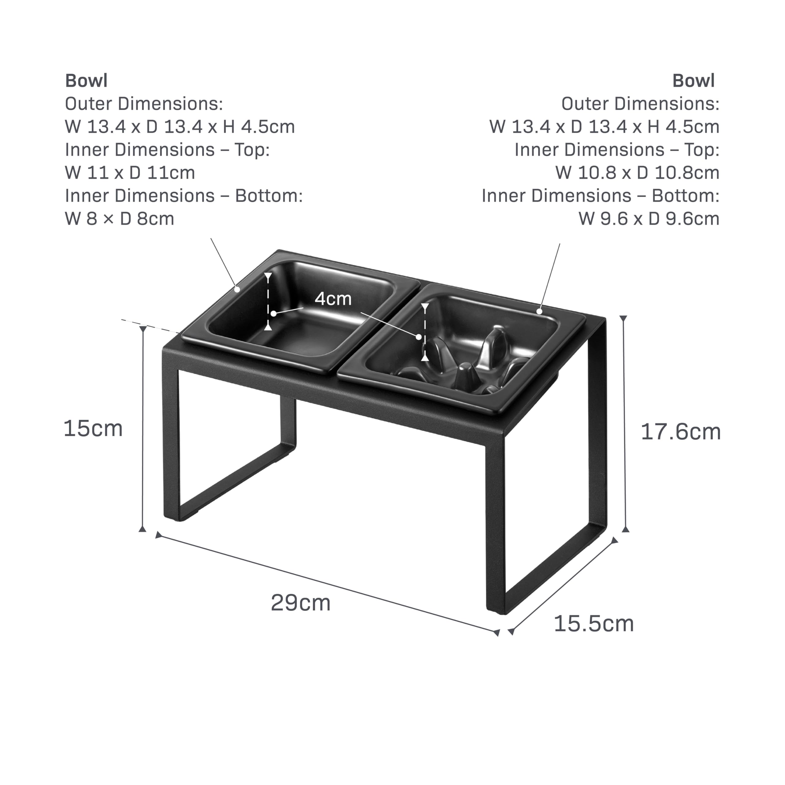 Yamazaki 10242 NOOKS Angeschrägte Futternäpfe mit Anti-Schling-Einsatz & Ständer, schwarz, Stahl/Silikon/Keramik, minimalistisch, 15,5 x 29 x 17,6 cm (L x B x H)