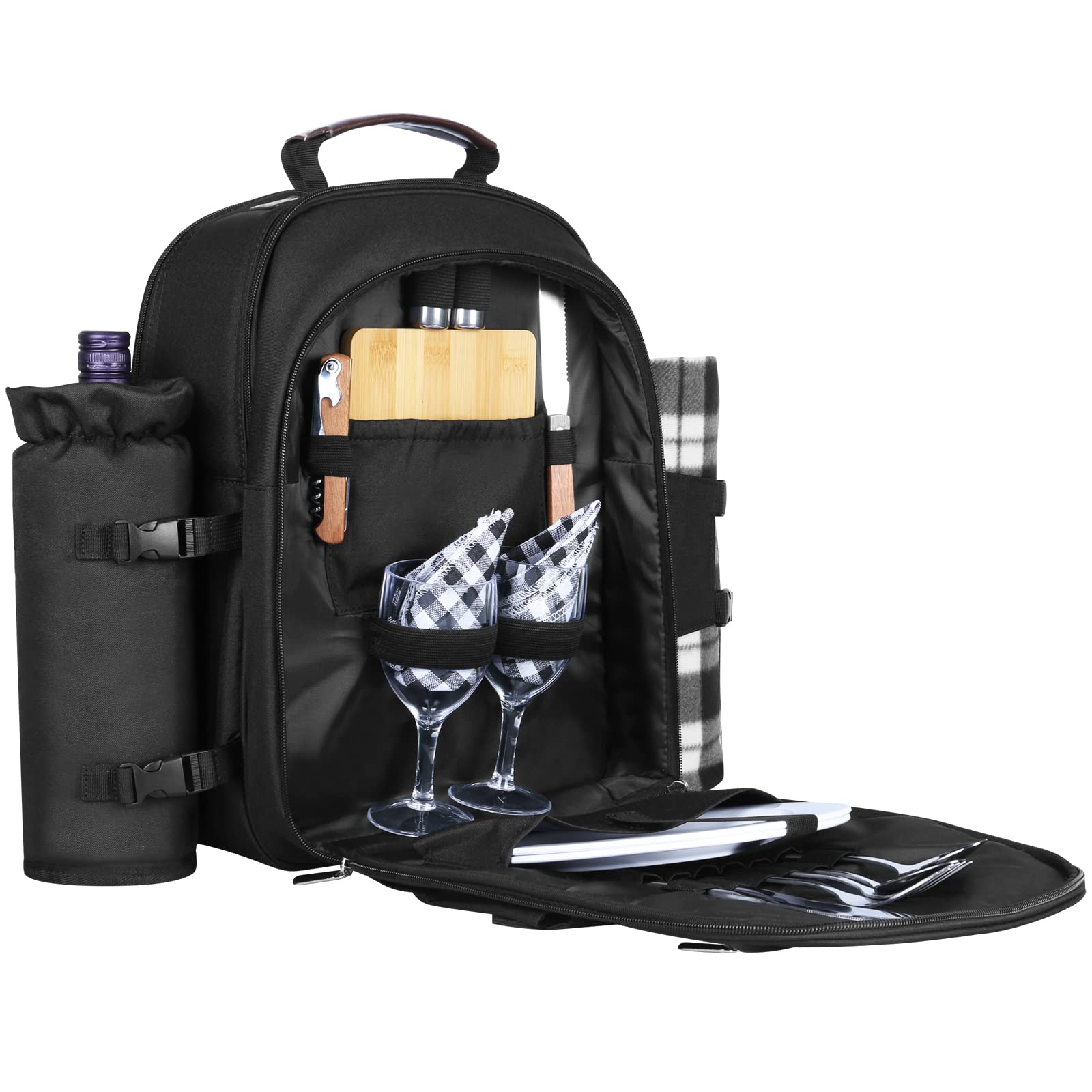 Sunflora Insulated Picnic Backpack for 2 Person Bag with Cooler Compartment, Wine Pouch, Blanket and Stainless Steel Cutlery Set for Couple, Lovers and Friends (Black)