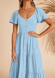 KIRUNDO Women 2025 Spring Summer Casual Short Sleeve Midi Dress Button V Neck Tiered Vacation Sundress with Pockets