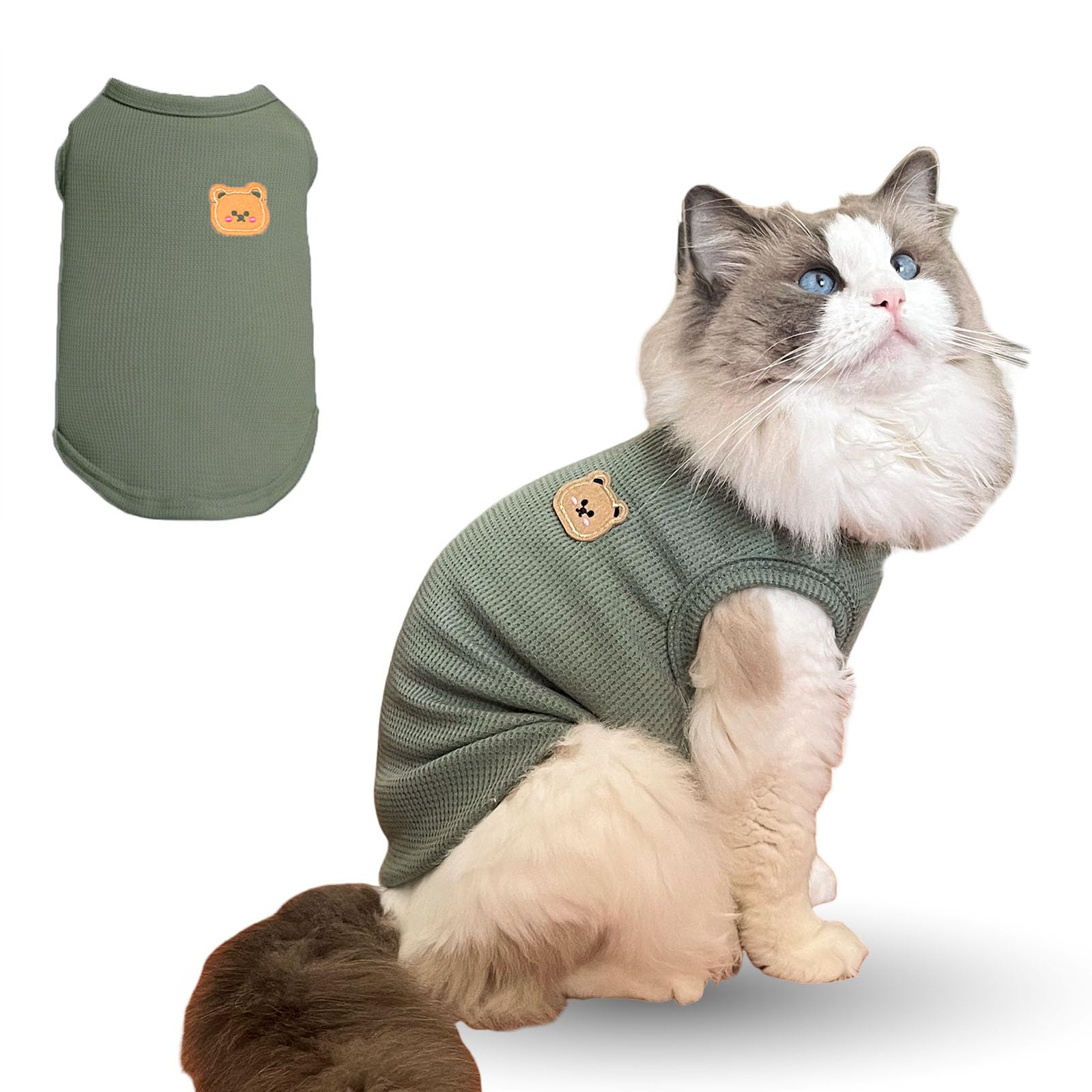 Maqilo Cat Clothes for Sphynx Cats - Soft Cotton 3-Season Shirts & Vests | Breathable Lightweight Pet Clothes for Spring/Summer/Autumn | Hairless Cat & Small Dog Apparel (Green, Small)