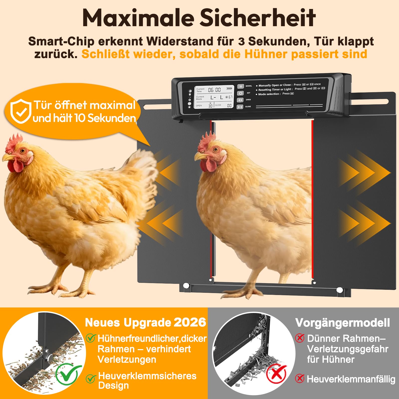 Automatische Hühnerklappe solar - Große mit Zeit/Handmodus Einklemmschutz | Anti-klemm, Solarbetriebene elektrische Hühnerklappe aus Aluminiumlegierung | 20M Fernbedienung | Hochkapazitätsbatterie