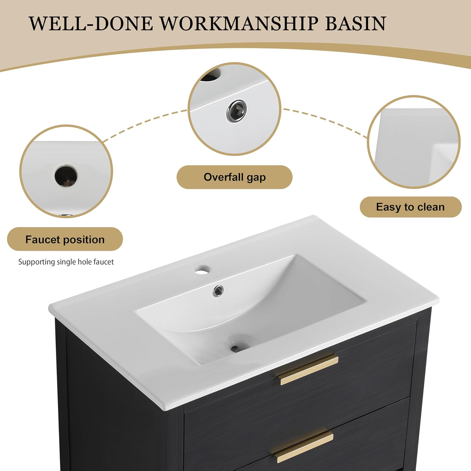 30 Inch Freestanding Bathroom Vanity with Sink, 30" Black Vanity with Drawers and Open Storage Shlef, Solid Wooden Cabinet, Ceramic Basin Sink Top, Modern Floor Stand Cabinet Set(Gold Handles)