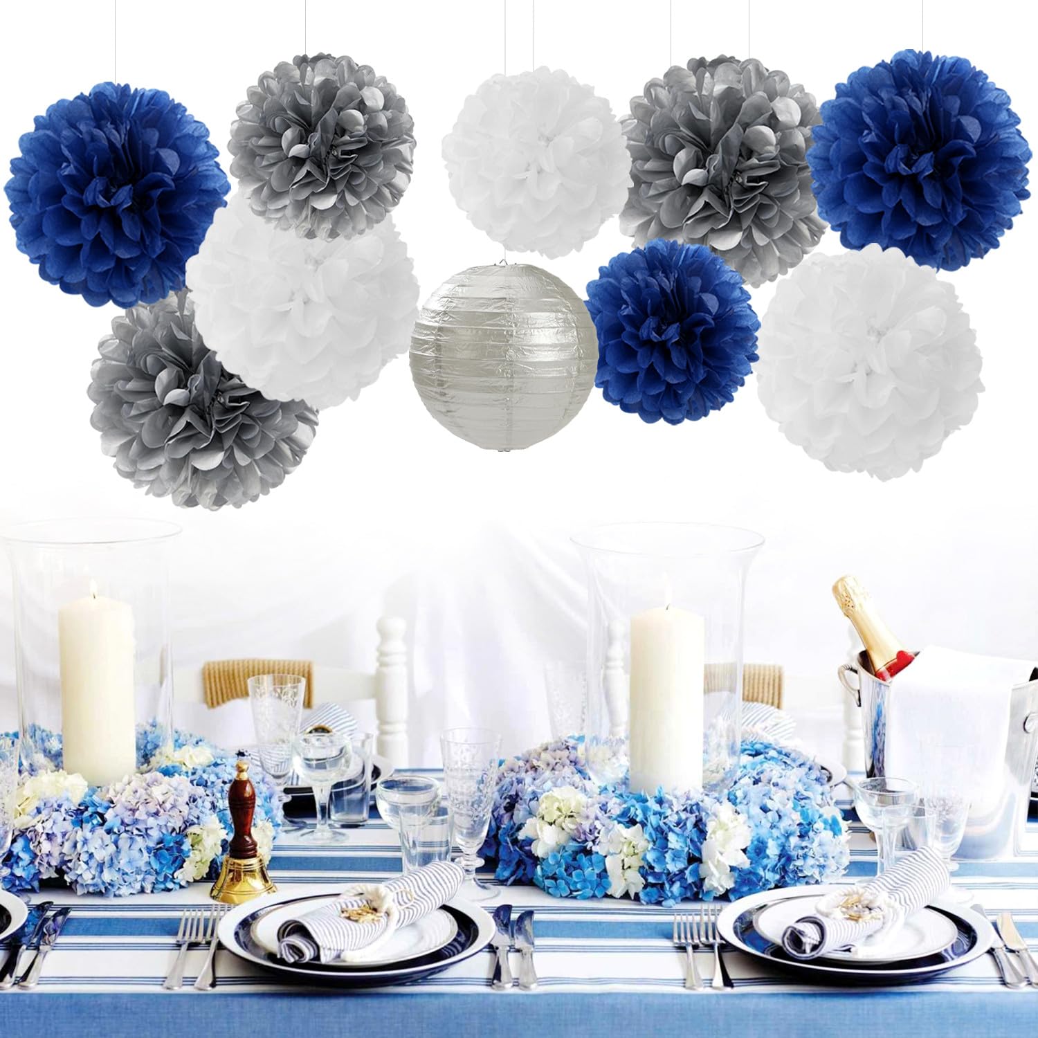 Navy-Blue Silver Party-Decorations Paper-Flowers Lanterns - 15PCS Birthday Royal White Wedding Tissue Pom Poms Streamers,Baby Bridal Shower Bachelorette Graduation Hanging Supplies Decor Hugfond