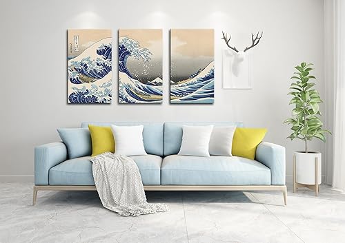 Miniatura 2 de The Great Wave Off Kanagawa (Triptych), Katsushika Hoki - Decoración de arte para pared, pintura clásica, paisaje marino abstracto, lienzo impreso,
