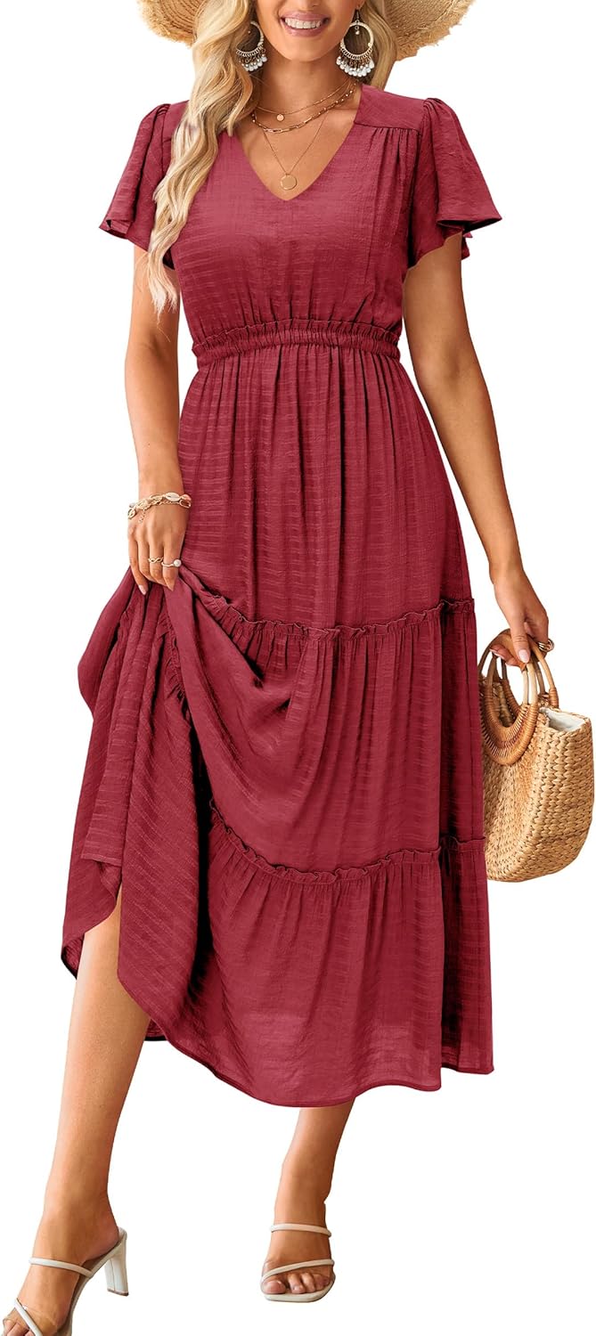 VOTEPRETTY Women's 2025 Summer Boho Maxi Dresses Flutter Short Sleeve V Neck Casual Beach Wedding Guest Vacation Long Dress