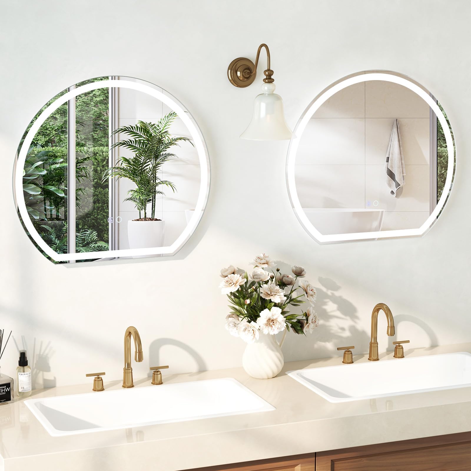 FANTASK Espejo de baño LED con iluminación, antivaho, Espejo de Pared Regulable con Interruptor táctil y función de Memoria, Espejo Colgante LED para baño, 60 x 54 cm, Color Plateado