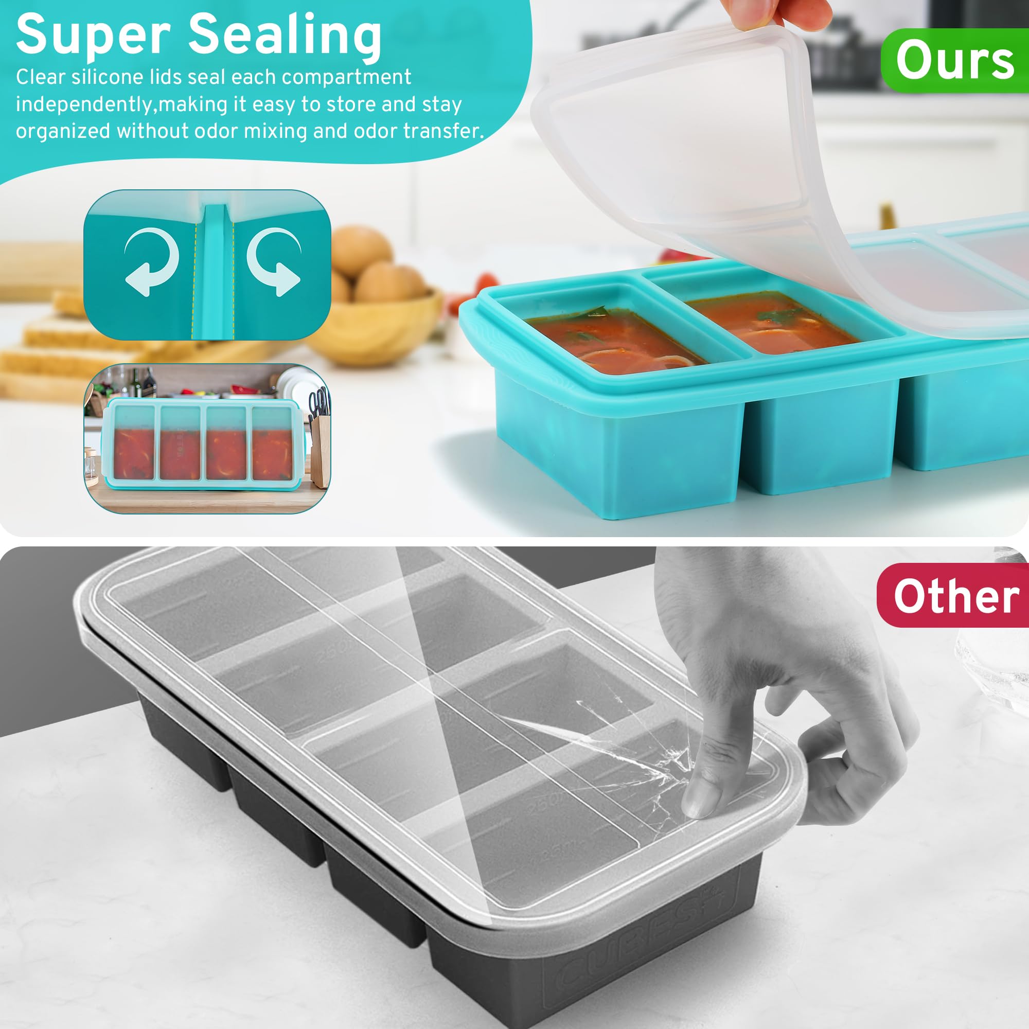 Silikon-Gefrierbehälter Mit Deckel – 2 Stück, Je 1 Tasse (ca. 30,5 X 13,5 X 6 Cm), BPA-frei, Stapelbar – Für Suppen, Soßen & Meal Prep (Aqua)