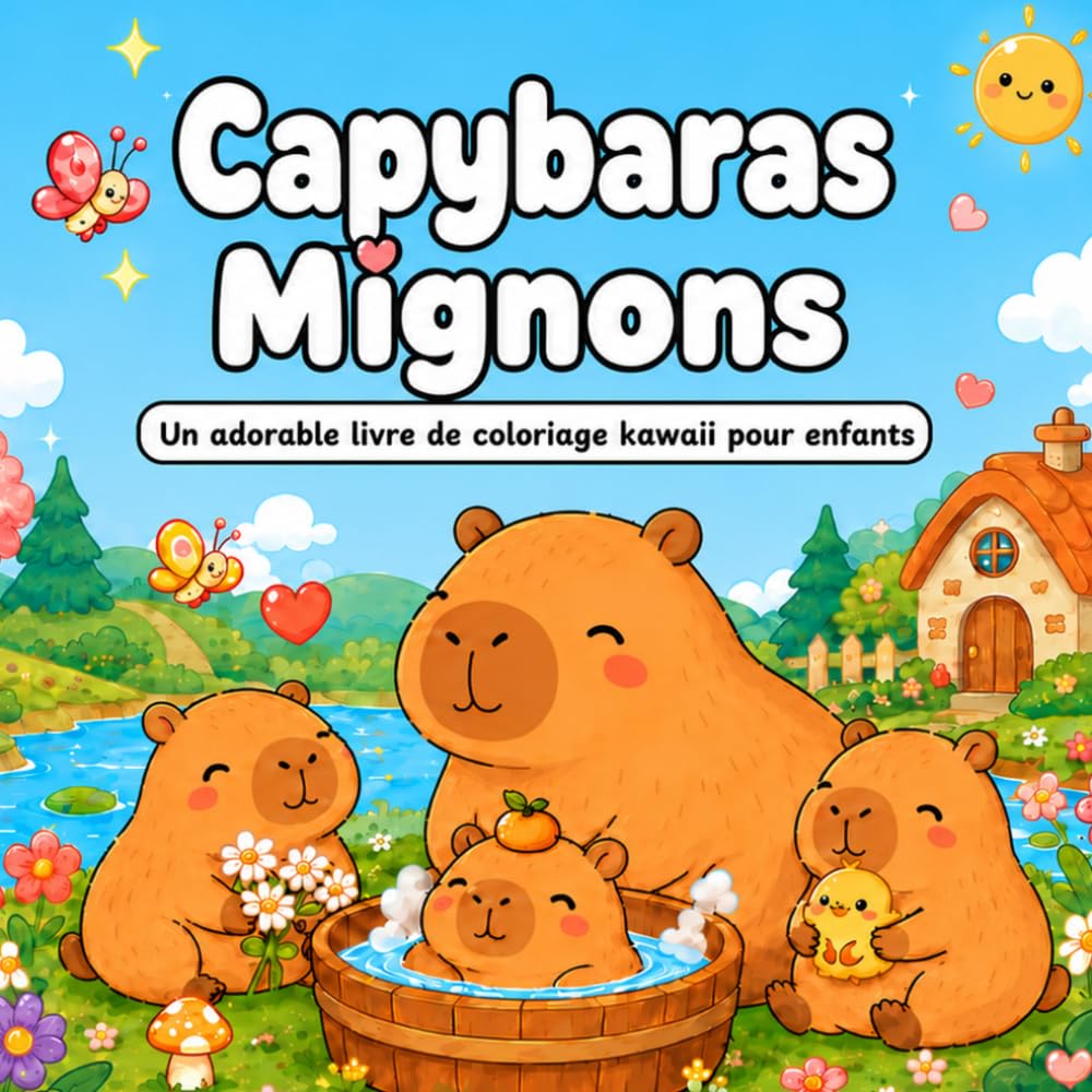 Capybaras Mignons: Un adorable livre de coloriage kawaii pour enfants avec de jolis capybaras, des scènes tendres, des animaux mignons, de grands ... et des pages imprimées d’un seul côté