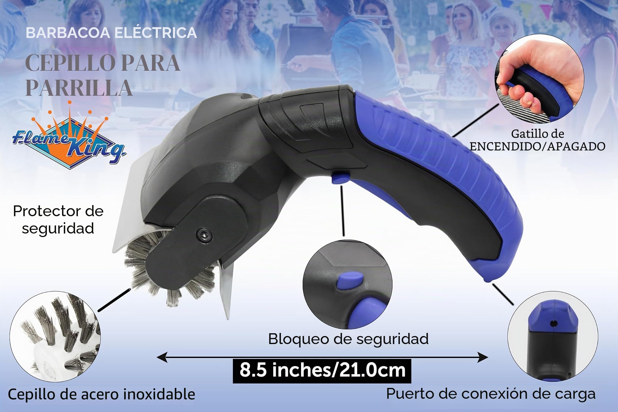 Flame King Cepillo para Polvo eléctrico para Parrilla de Barbacoa, inalámbrico y Recargable, cerdas de Acero Inoxidable, Tipos de Parrilla