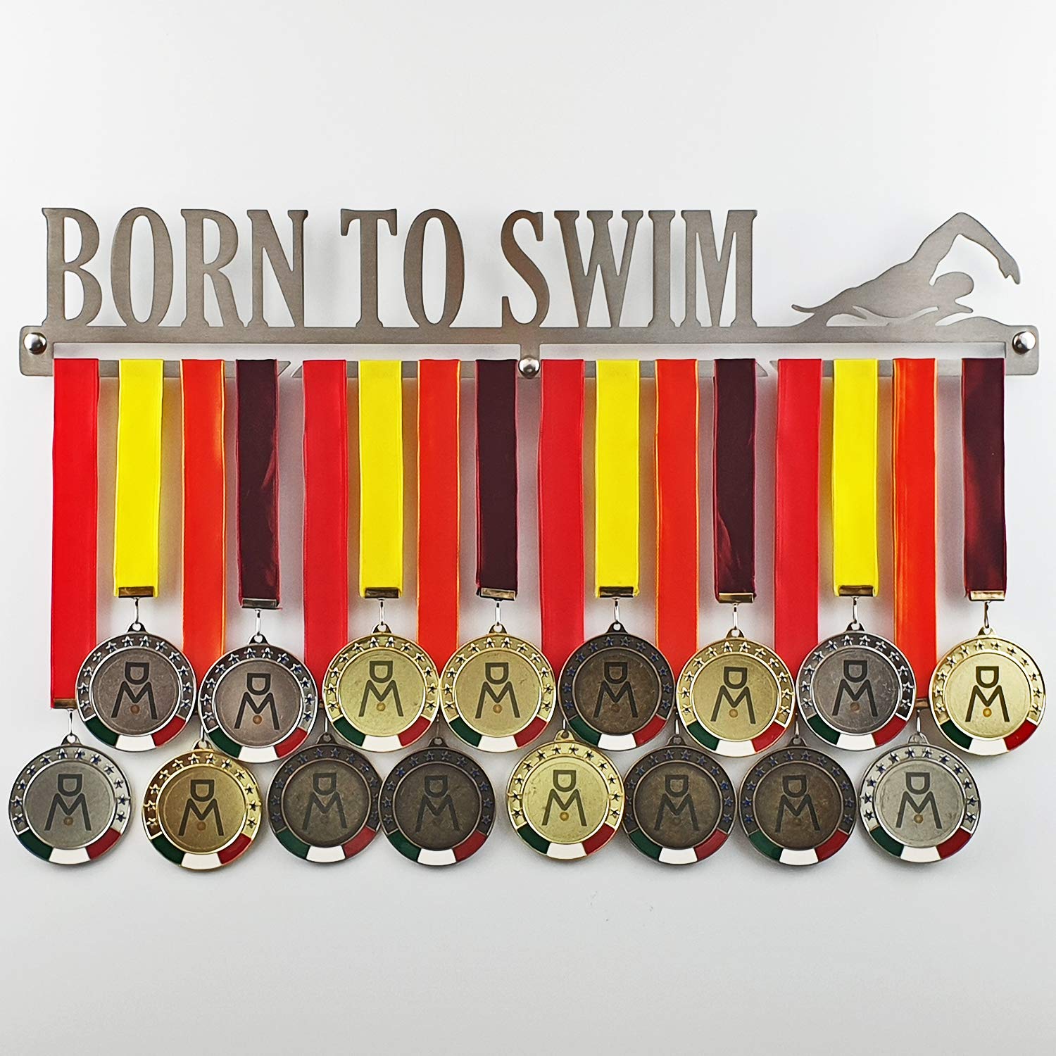 MEDALdisplay "Born to Swim - Wandmedaillenhalter zum Schwimmen - Bringen Sie bis zu 30 medaillen - Rostfreier Stahl 100% hergestellt in Italien