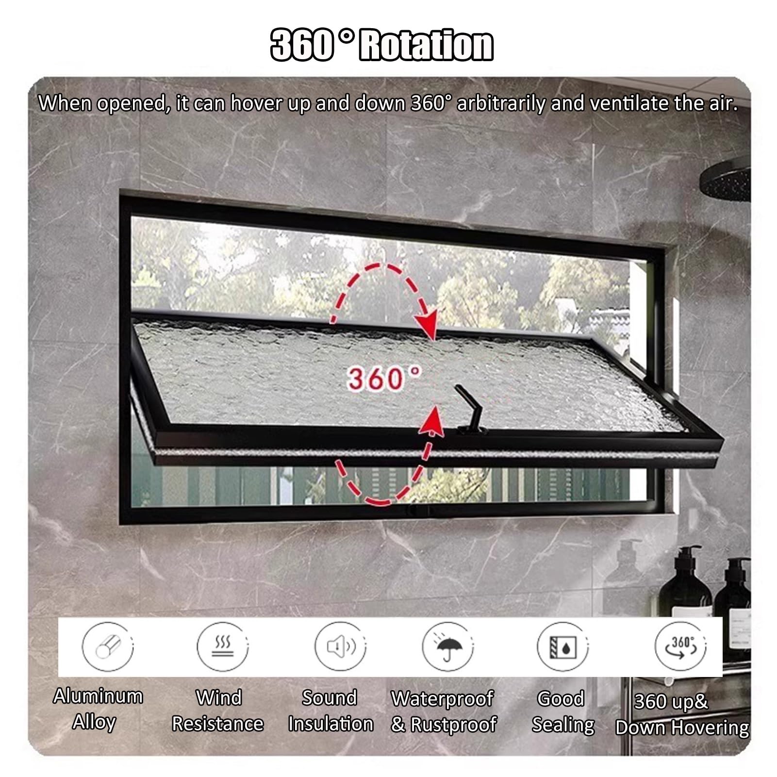 Ventanas Batientes Ventana Rectangular Para Casa, Ventana Corrediza Con Marco De Metal Ventilado De Repuesto, Ventana De Vidrio Templado Giratoria De 360° Para Sótano, Garaje Y Baño(White,80x30 cm/31.