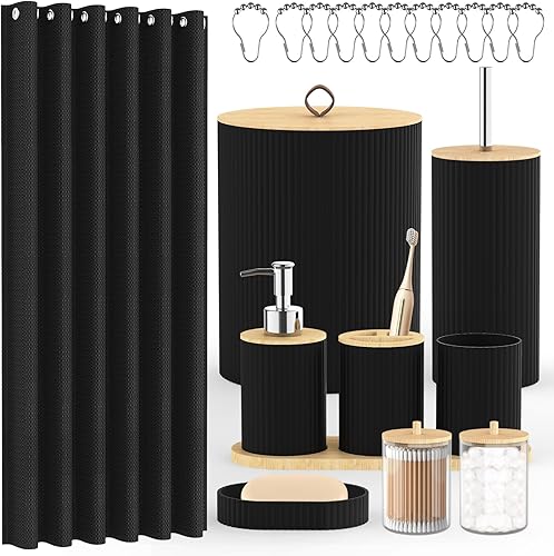 Juego de accesorios de baño  Juego de 22 piezas de baño negro con cortina de ducha, basura, juego de portaescobillas de inodoro y dispensador de