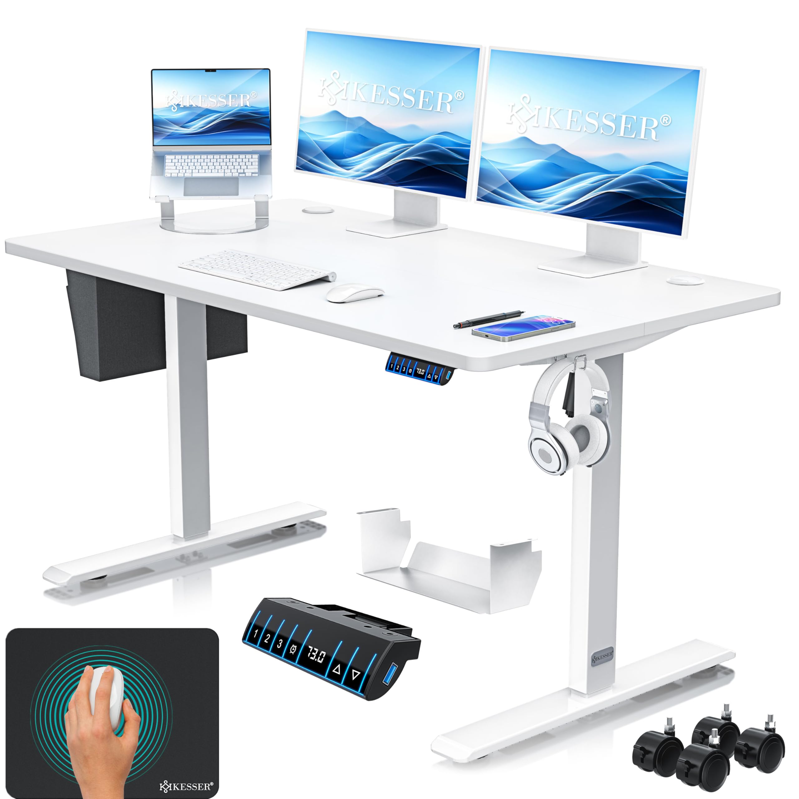 KESSER® Escritorio eléctrico Regulable en Altura, Escritorio Ergonómico de Bipedestación, Control de Memoria de 3 Funciones, Incl. Ruedas de 360° y Puerto de Carga USB, 140x70 cm - Blanco