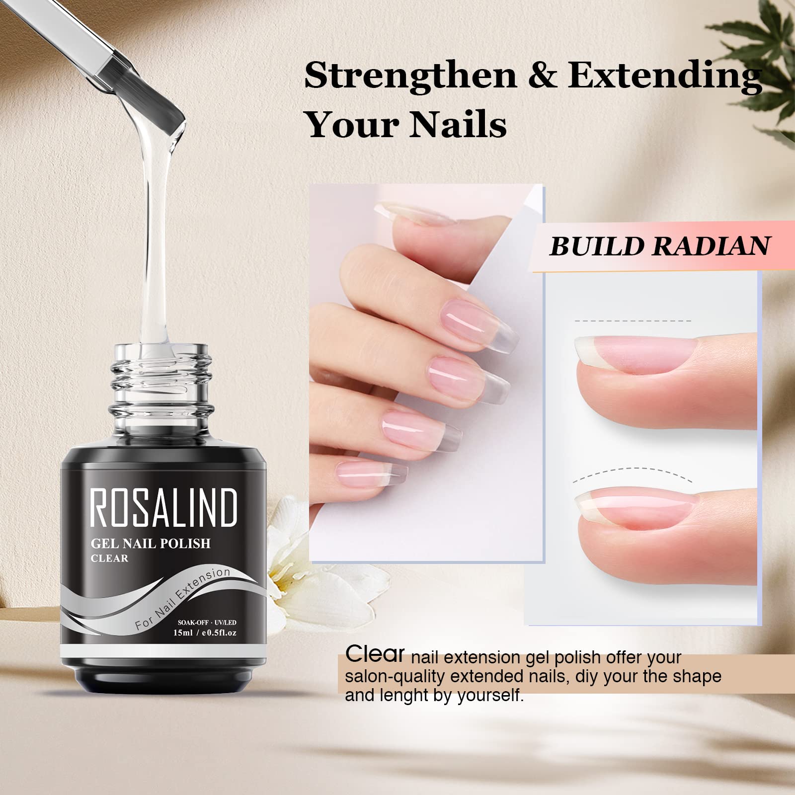 ROSALIND Poli Żel do Paznokci Jasne Kolor, 15ml Poly Extension Gel Soak Off UV LED Gel Extension Nail Builder, Żelowy Lakier do Paznokci, Clear Color Poly Nail Gel, 1szt