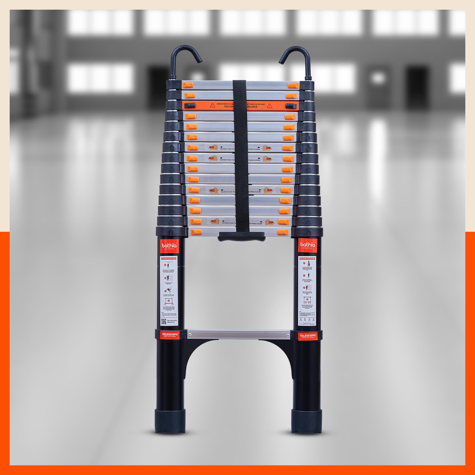 Bathla 23.6 ft Aluminium Telescopic Ladder with Safety Hooks & Triangle Stabilizers | EN131 Certified | 2-Year Manufacturer Warranty | Portable & Compact |150kg Load Capacity | Made in India (7.2 mtr) — Amazon image 2