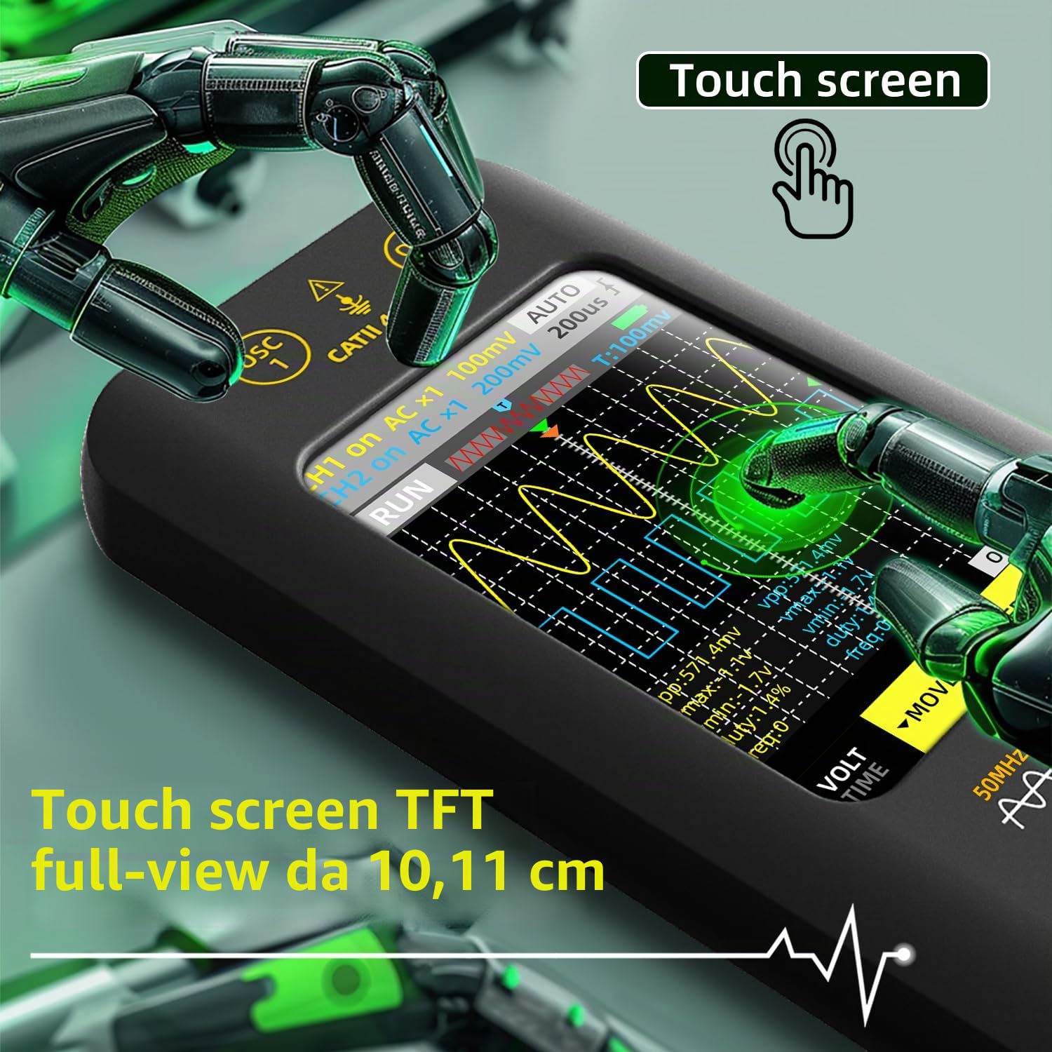 BSIDE Oscilloscopio a 2 canali 50MHz Larghezza di banda Oscilloscopio digitale 3,98'' Touch Screen Oscilloscopio portatile Generatore di segnale 250 MSa/s Frequenza di campionamento