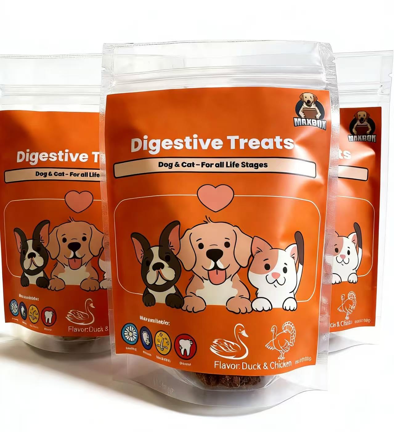 Premium Digestive Support Functional Treats for Dogs & Cats - Fresh Duck & Chicken Recipe - With Probiotics & Prebiotics (MOS/FOS) - Gut Health & Fiber Rich - Triple Packages 3 x 100g