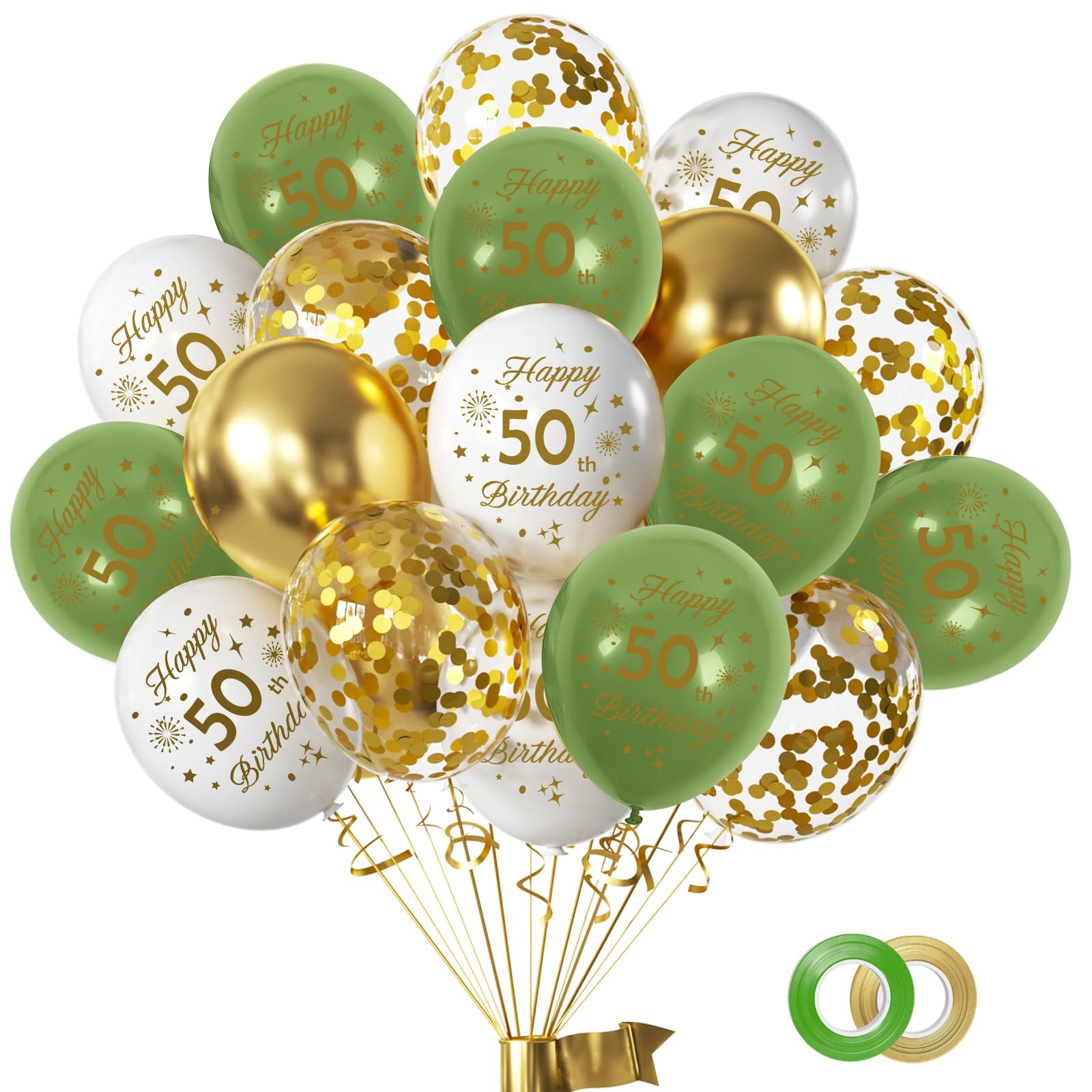 Happy 50th Birthday Balloons 16pcs Sage Green Gold White, Latex Confetti Green and Gold Balloons Party for Men Women Birthday Celebration 50 Year Old