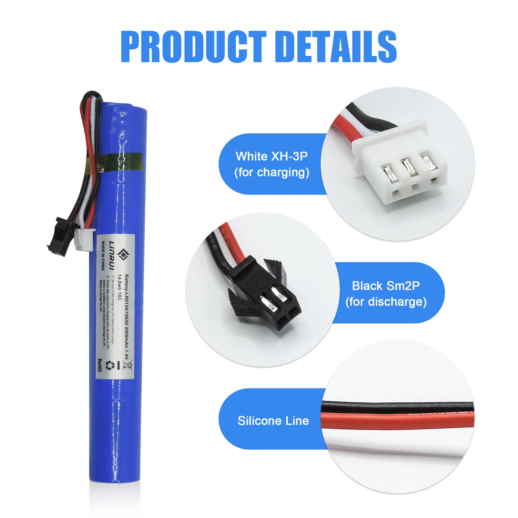 LinRui 2PCS 7.4V 2000mAh Battery Splatter Ball Gun Battery, for SRB1200 400 400-SUB Airsoft or Water-Gun Toy with USB Charging Cable Rechargeable Lithium Battery SM2P XH-3 Plug