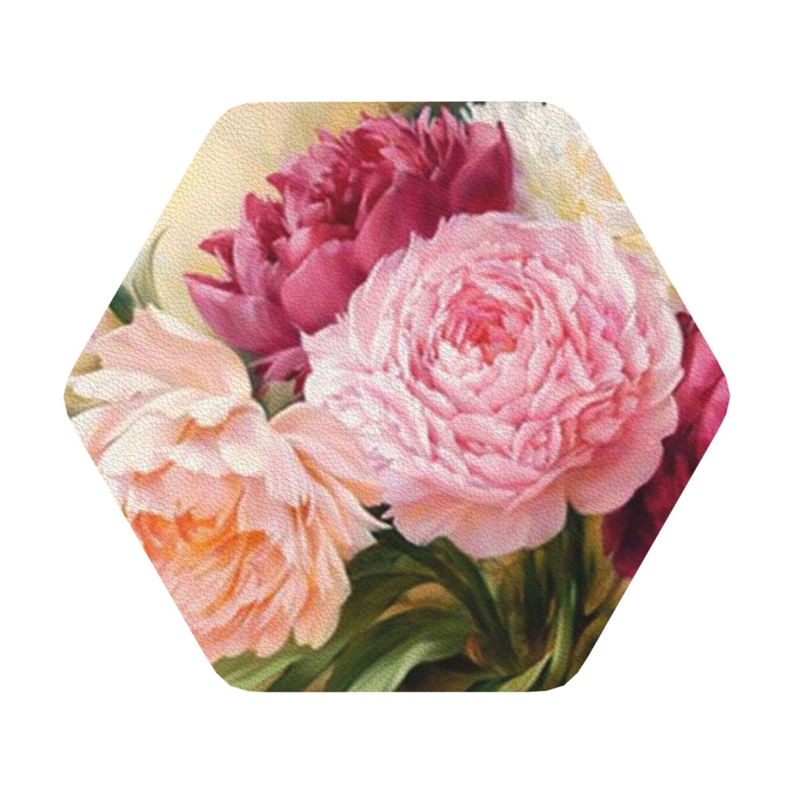 peony flowers blossom PU Leather Coasters Set of 6 Hexagon Drink Coasters