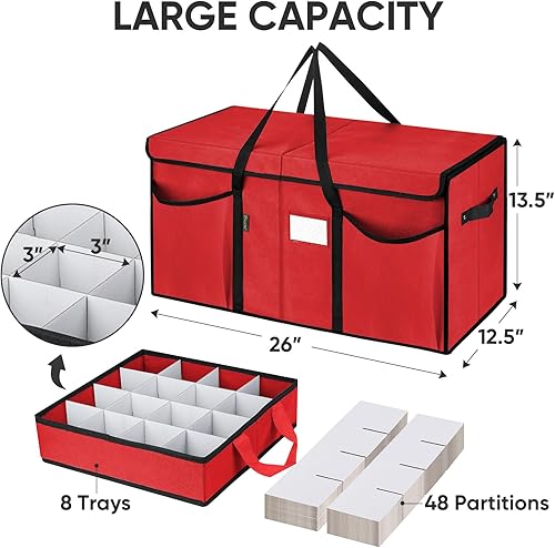 Miniatura 4 de BALEINE Caja de almacenamiento de adornos navideños con divisores, contenedor de almacenamiento de adornos navideños para adornos navideños (128