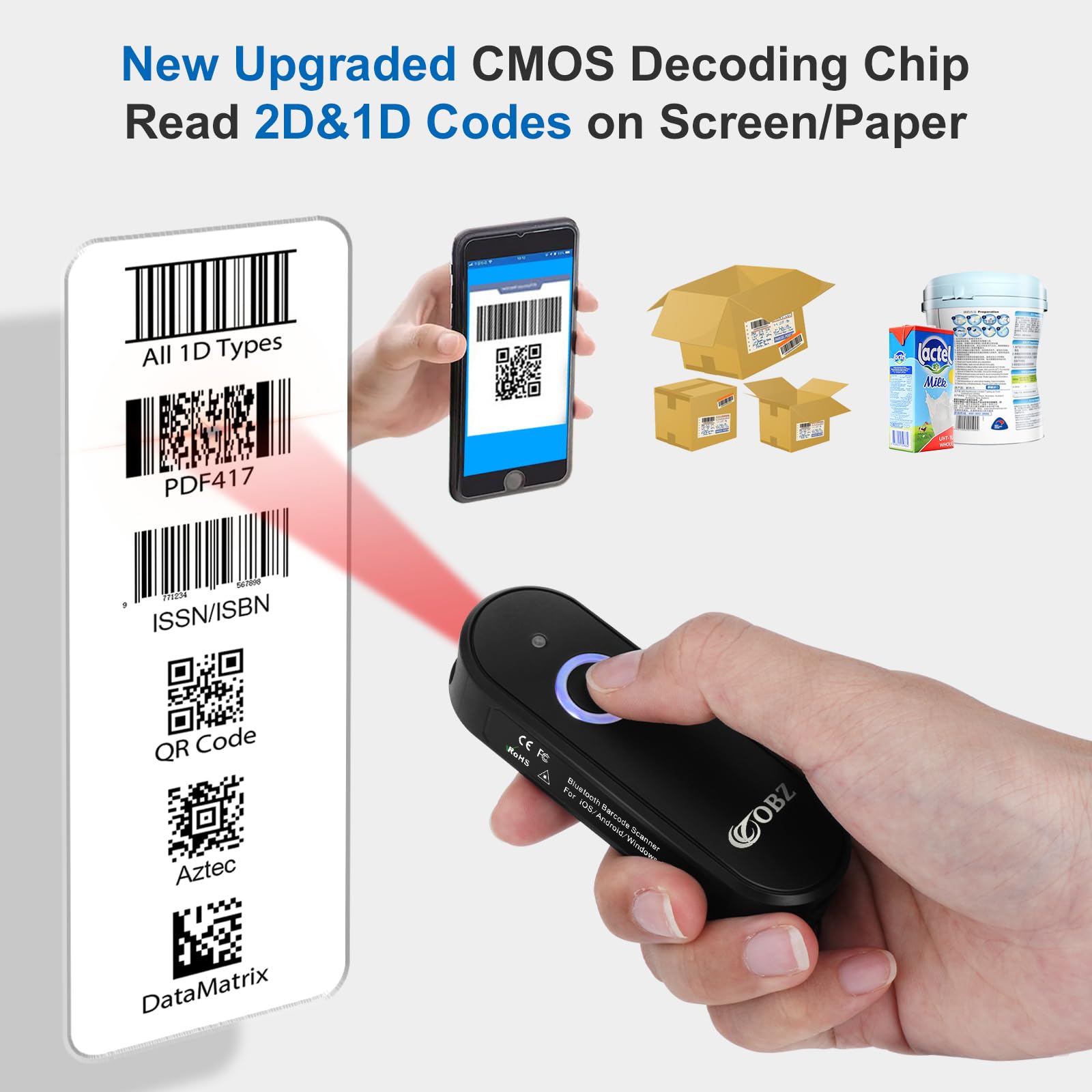 OBZ Mini Bluetooth Barcode Scanner Kabellos, 1D 2D Wireless QR Code Scanner 3-in-1 (USB/Bluetooth/2.4G), Offline Speicher, Kompatibel mit Phone Tablet POS, Tragbarer Handscanner für Lager Inventar