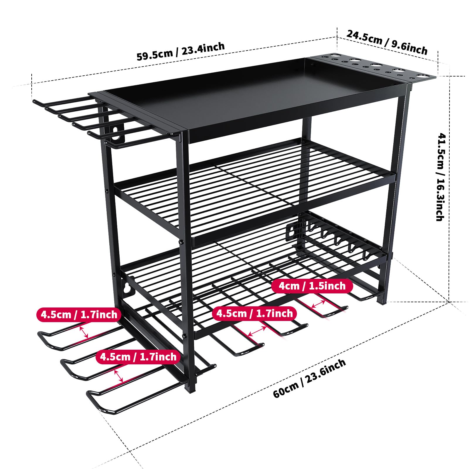 Zstar Soporte de pared para herramientas, organizador de taller para 8 herramientas eléctricas, soporte de herramientas de 4 niveles con destornillador para garaje, taller de coche, 60 x 24,5 x 41,5