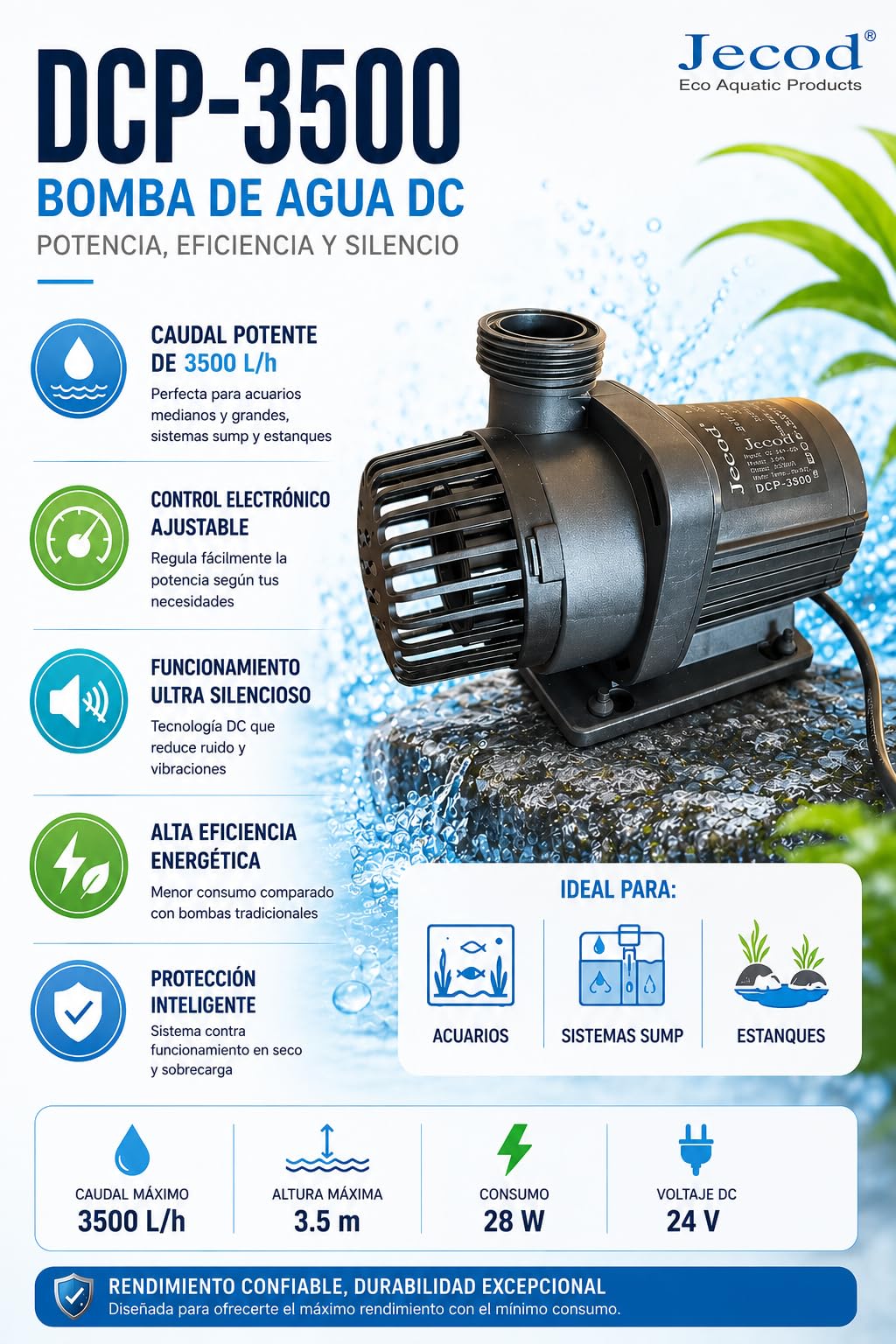 JEBAO DCP-3500 Bomba de Retorno para Acuario, 3500 L/h, 28 W, 24 V, Caudal Regulable, Controlador Electrónico