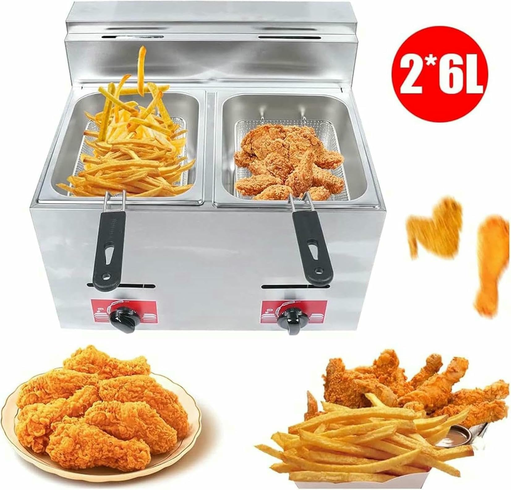 Cesta para freidora de Grasa Comercial de 6 l x 2 Pulgadas, freidora de Gas GLP Comercial de encimera de Acero Inoxidable, freidora de Gas Profesional con Cesta y Pala para Cocina Comercial