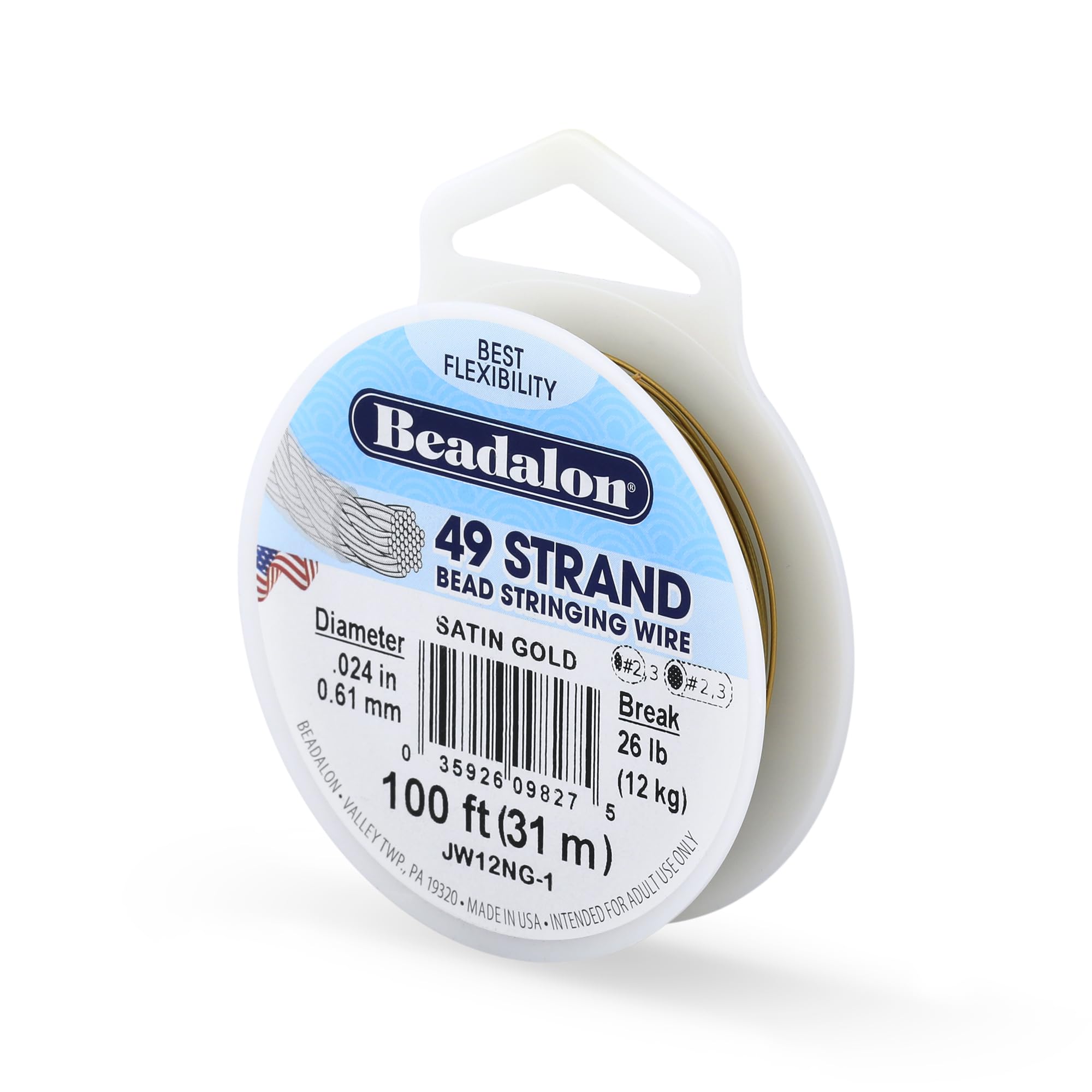 Beadalon 0.61 mm Diameter 31 m Reel 49 Strand Wire, Satin Gold