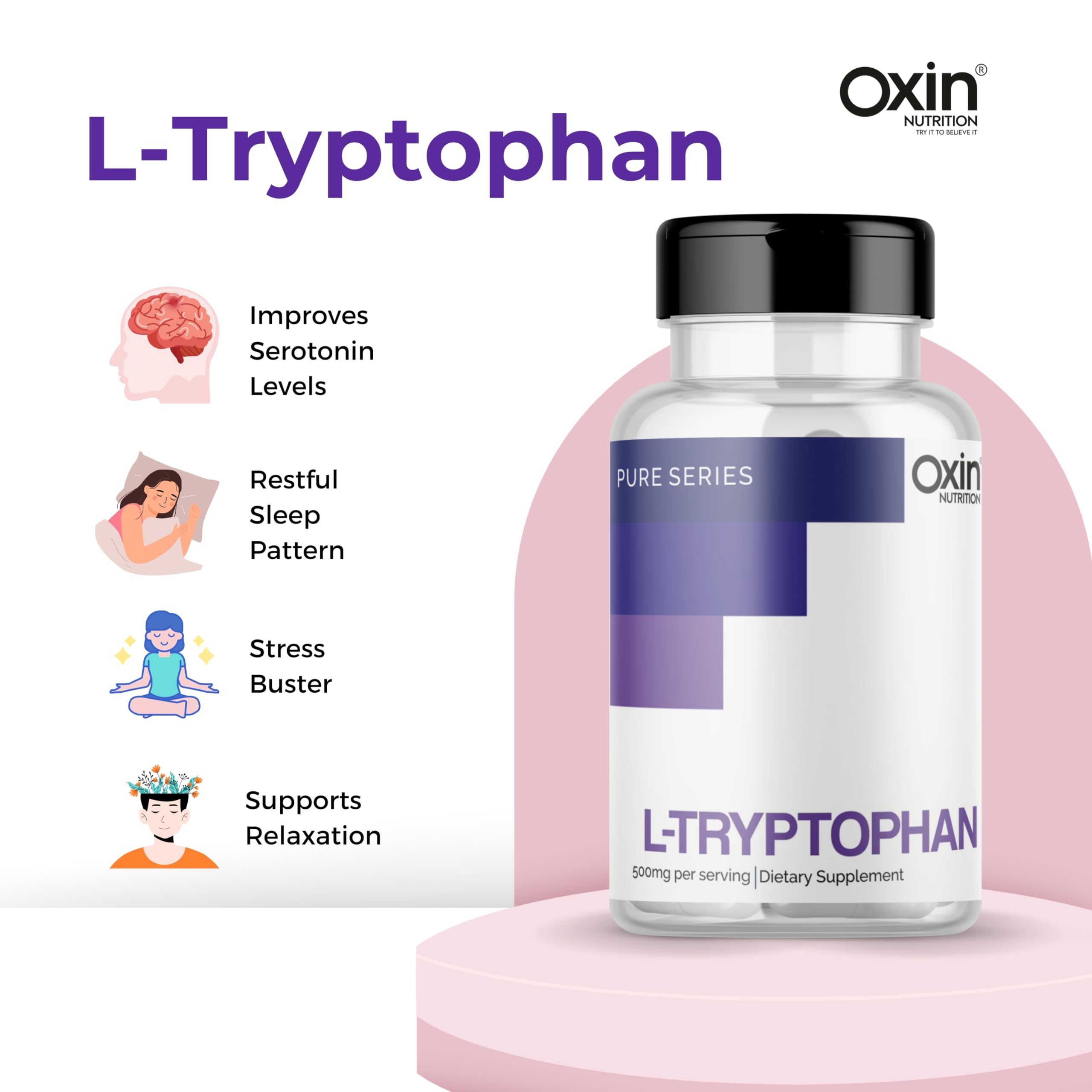 Oxin Nutrition L Tryptophan 500mg Capsule Pure Series Supports Restful Sleep and Relaxation (90 Capsules) — Amazon image 5