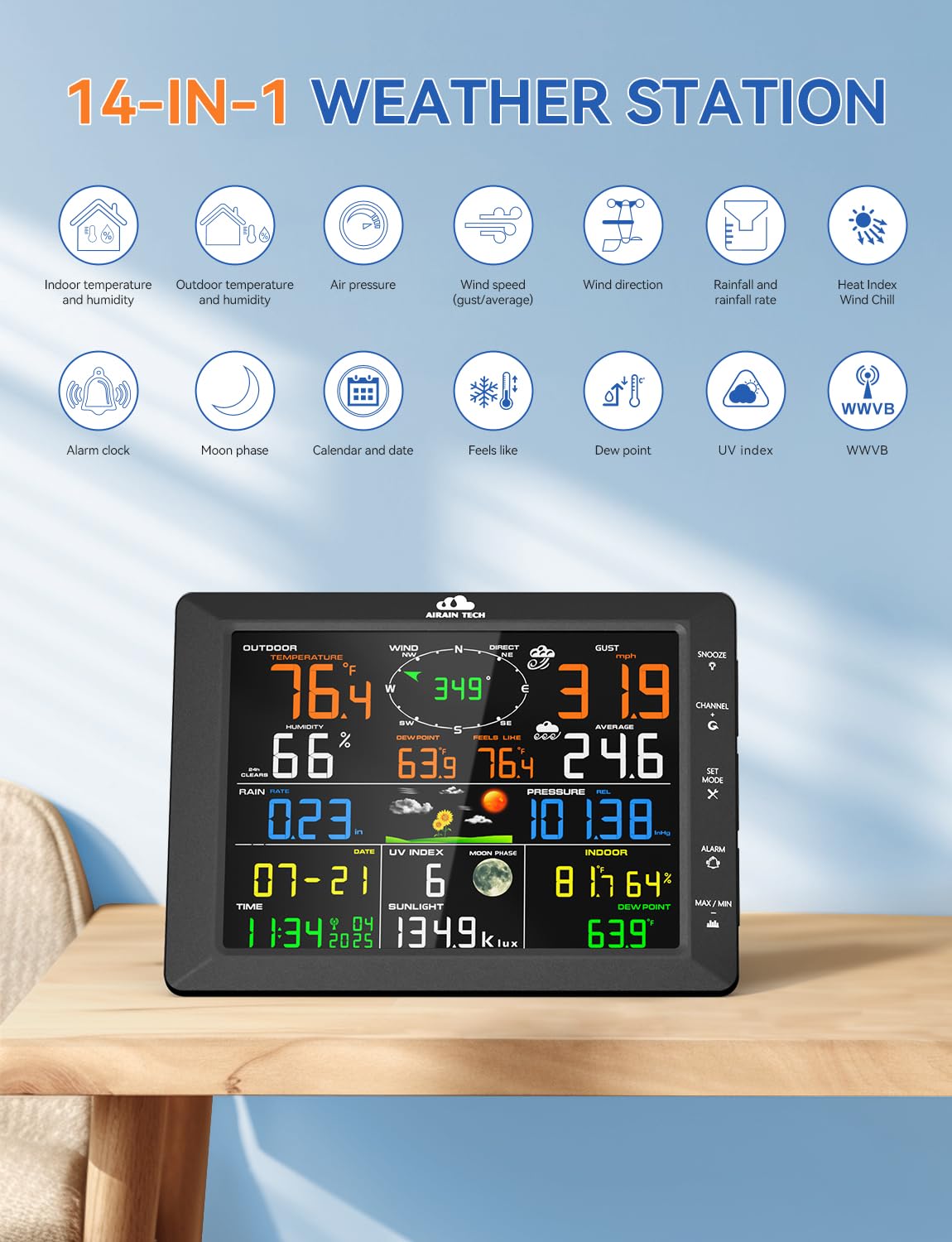 Stazione meteo wireless 14 in 1 con sensore wireless esterno, orologio radiocomandato, pluviometro, velocità/direzione del vento, fasi lunari, indice di raffreddamento del vento, punto di