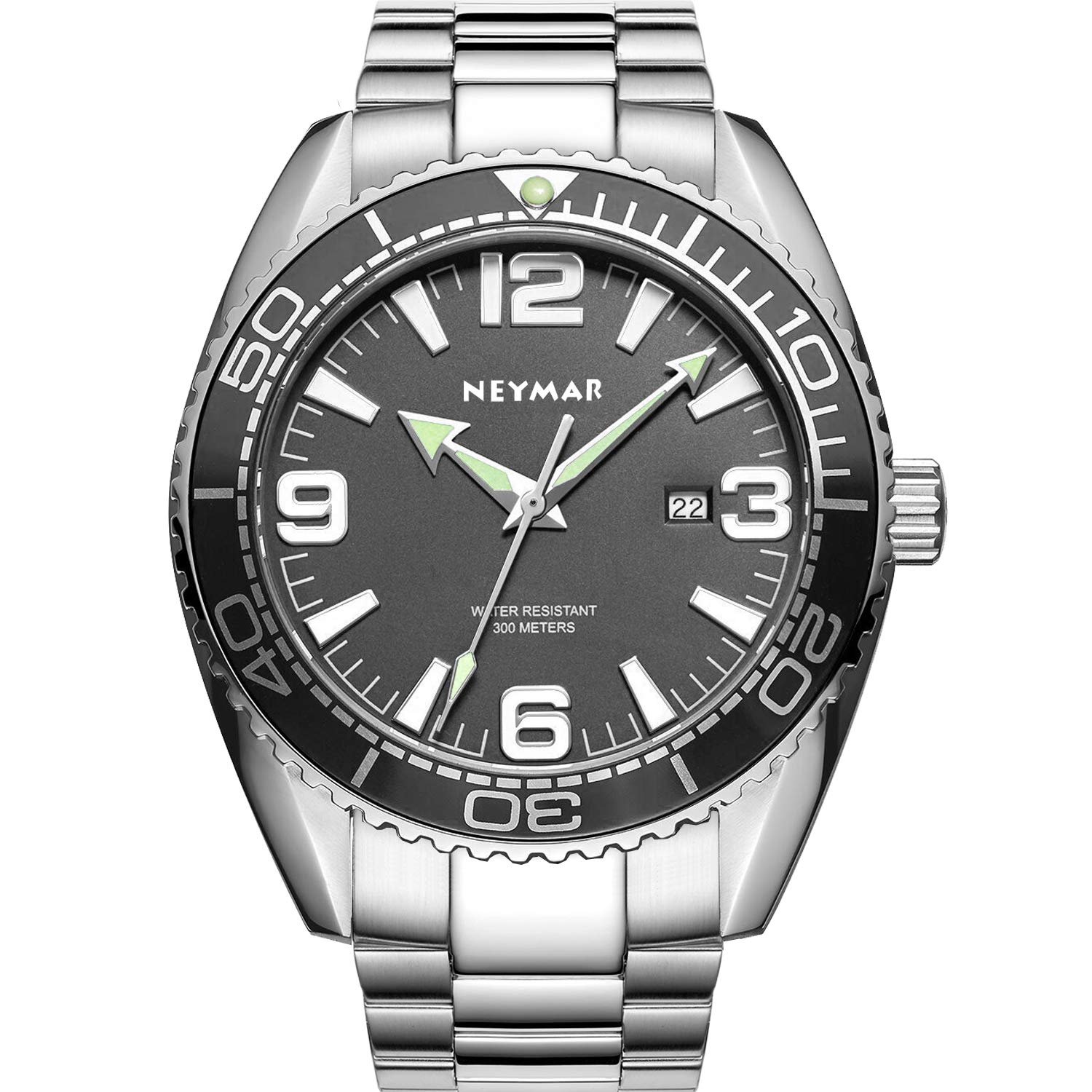 NEYMAR 300m Men Quartz Movement Ultra Thin Sport Watch with Sapphire Glass Stainless Steel Strap（Fat