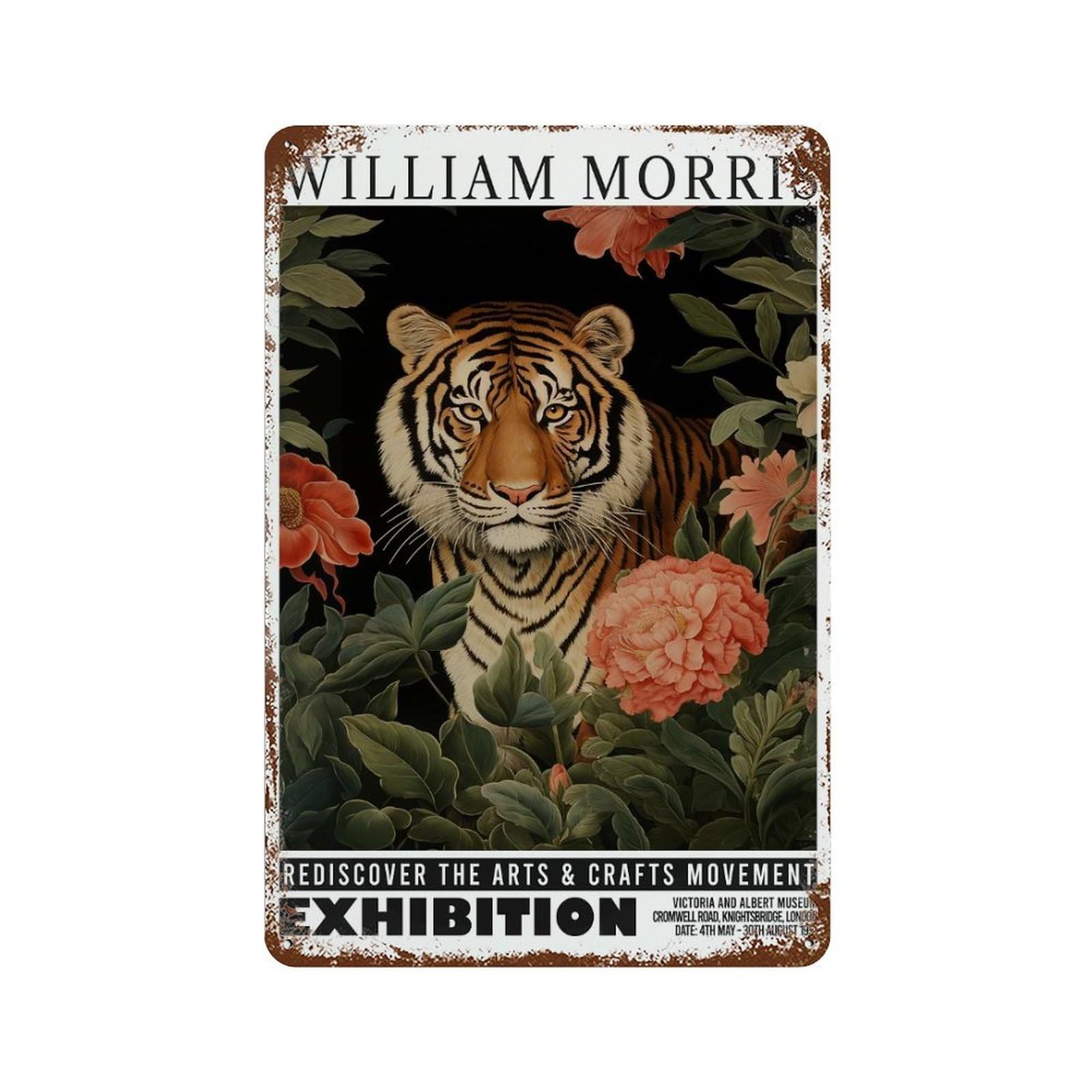 Garage Style Morris Floral Tiger Exhibition Rusty Metal Tin Sign 11.8"x7.9", Classic Wall Plaque for Bar And Workshop