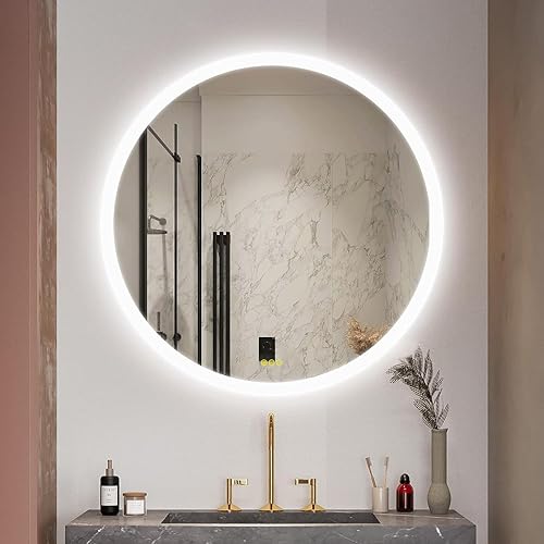 LED Bathroom Mirror with Lights 32 inch Round Led Mirror Anti-Fog, Stepless Dimmable, 3 Color Temperature, Memory Bathroom Vanity Mirror with Lights CRI90+ 3000-6400K Smart Mirror