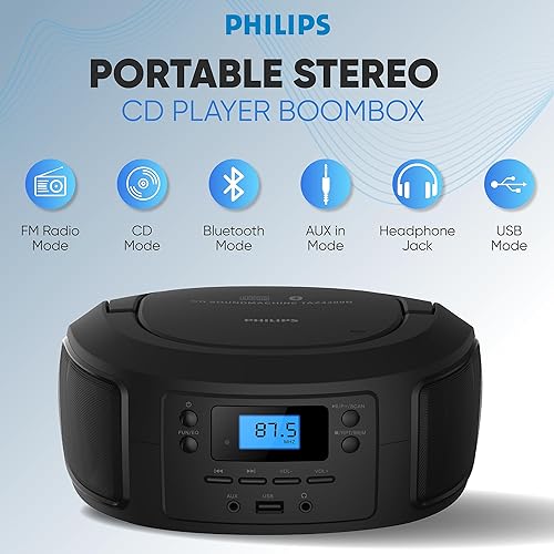 Miniatura 2 de Philips Reproductor de CD portátil con Bluetooth, caja de CD de carga superior con radio FM, puerto USB y entrada auxiliar, diseño compacto y