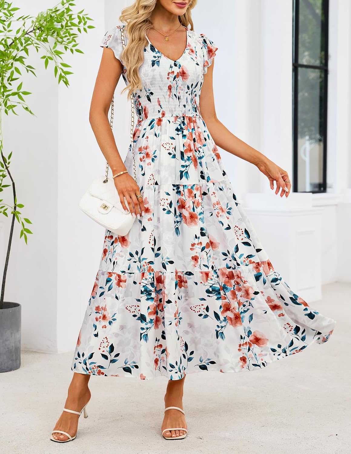 MEROKEETY Women's Summer 2026 Flutter Sleeve Smocked Casual Midi Dress image 3