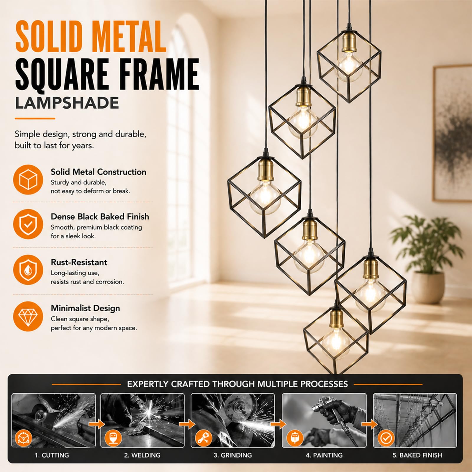 Modern 7-Light Large Foyer Chandelier – 118-Inch Black Metal Cage With Gold Accents, LED Bulbs Included