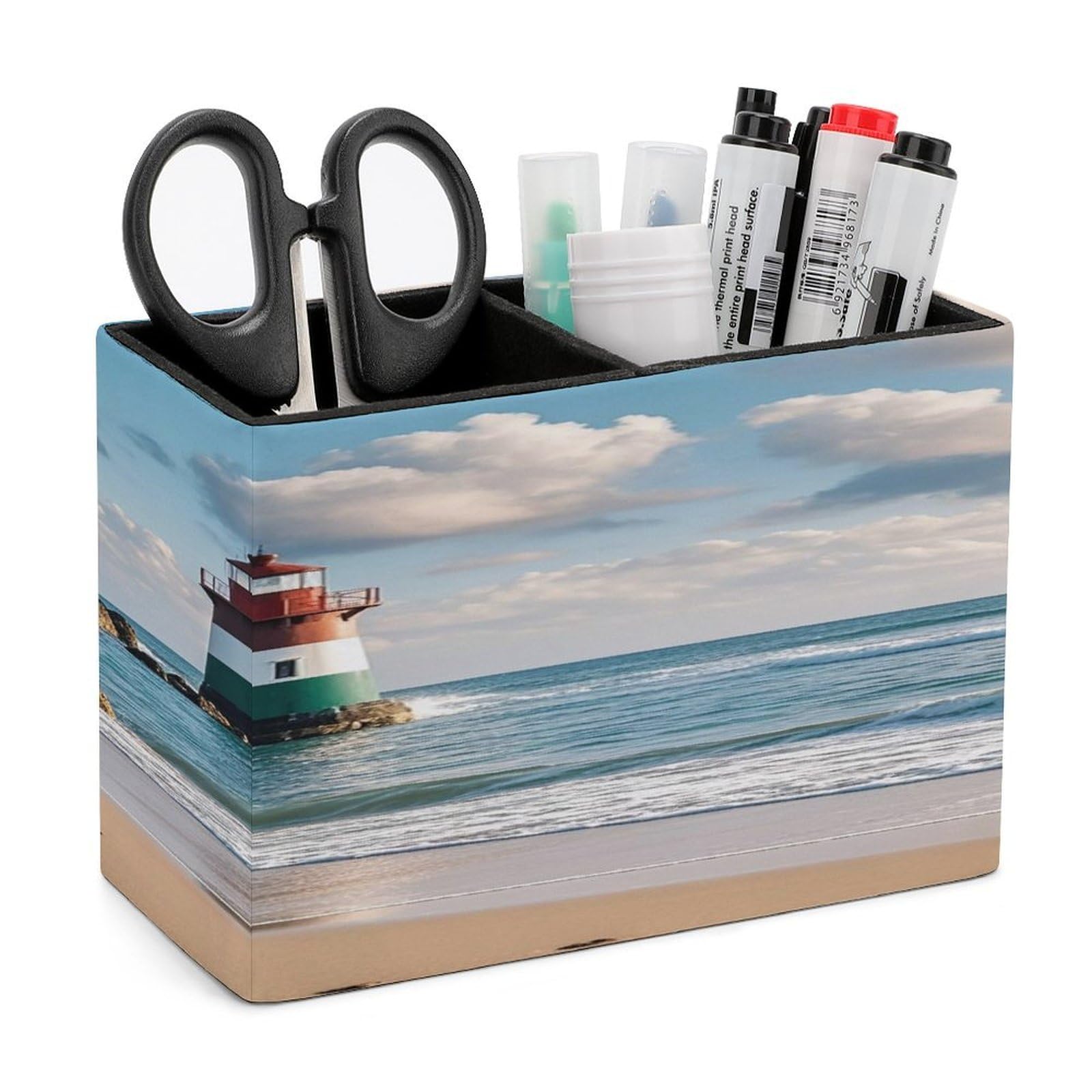 LZQPOEAS Sea Lighthouse Sandbeach Leather Pen Holder with 2 Compartments Luxury Pencil Holder Minimalist Pencil Cup Brush Scissor Holders Elegant Pen Cup for Office Home Desk Accessories