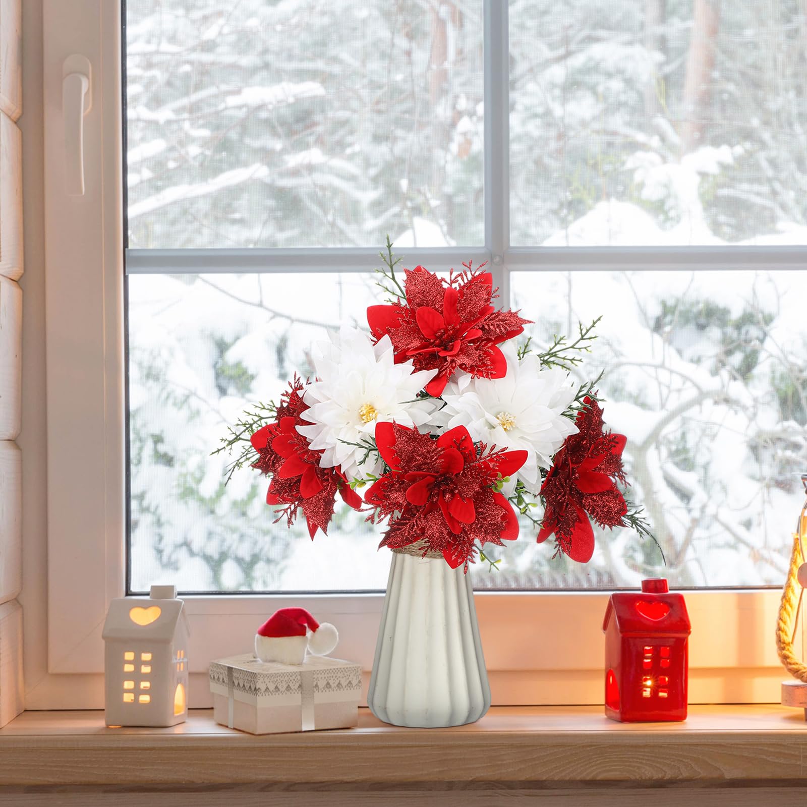 Giegxin Lot de 4 bouquets de poinsettia artificiels en velours synthétique de 35 cm pour décoration de maison, porche