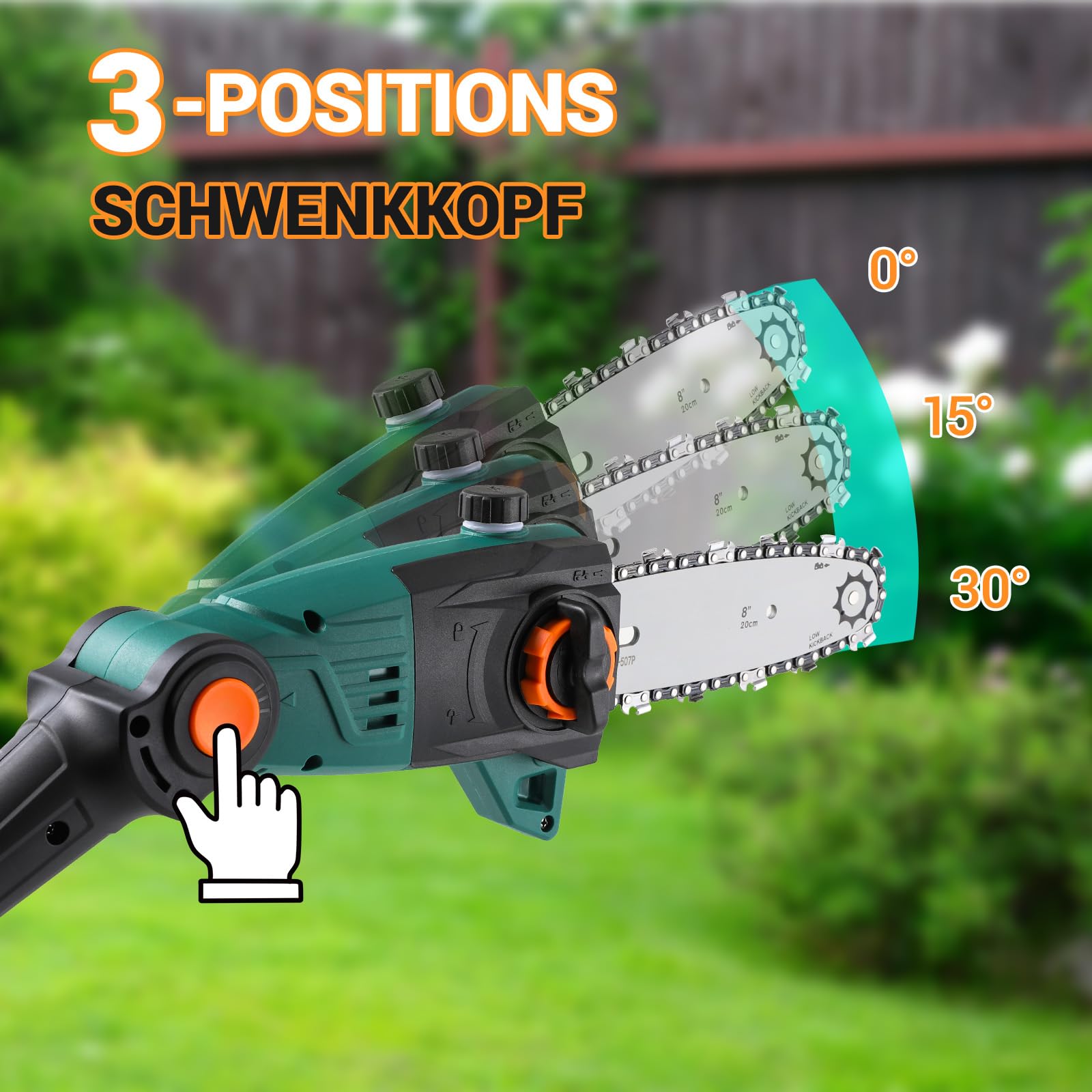 Élagueur sur Perche sans Fil, Perches Élagueuses, Batterie Li-Ion 20 V 4,0Ah/Chargeur, Lame de 24 cm, Vitesse de Chaîne 5 m/s, avec Extension de 68cm & Bandoulière, Tête Inclinable à 30°, Portée 3 m