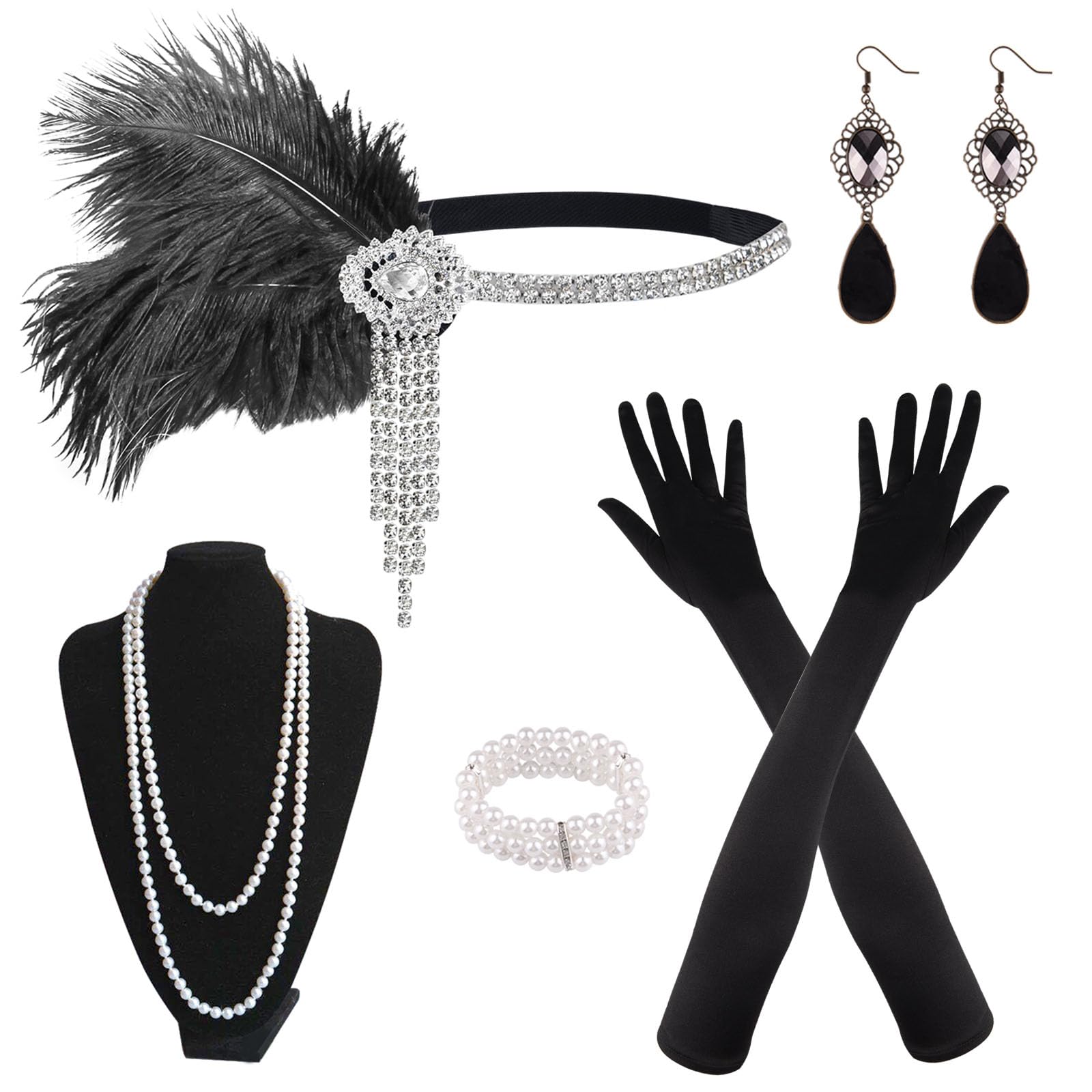 PLULON 8 Pezzi Flapper Anni '20 Grande Gatsby Set di Accessori Moda Roaring Anni '20 Set a Tema con Fascia Copricapo Guanti Neri Lunghi Collana Orecchini per Le Donne