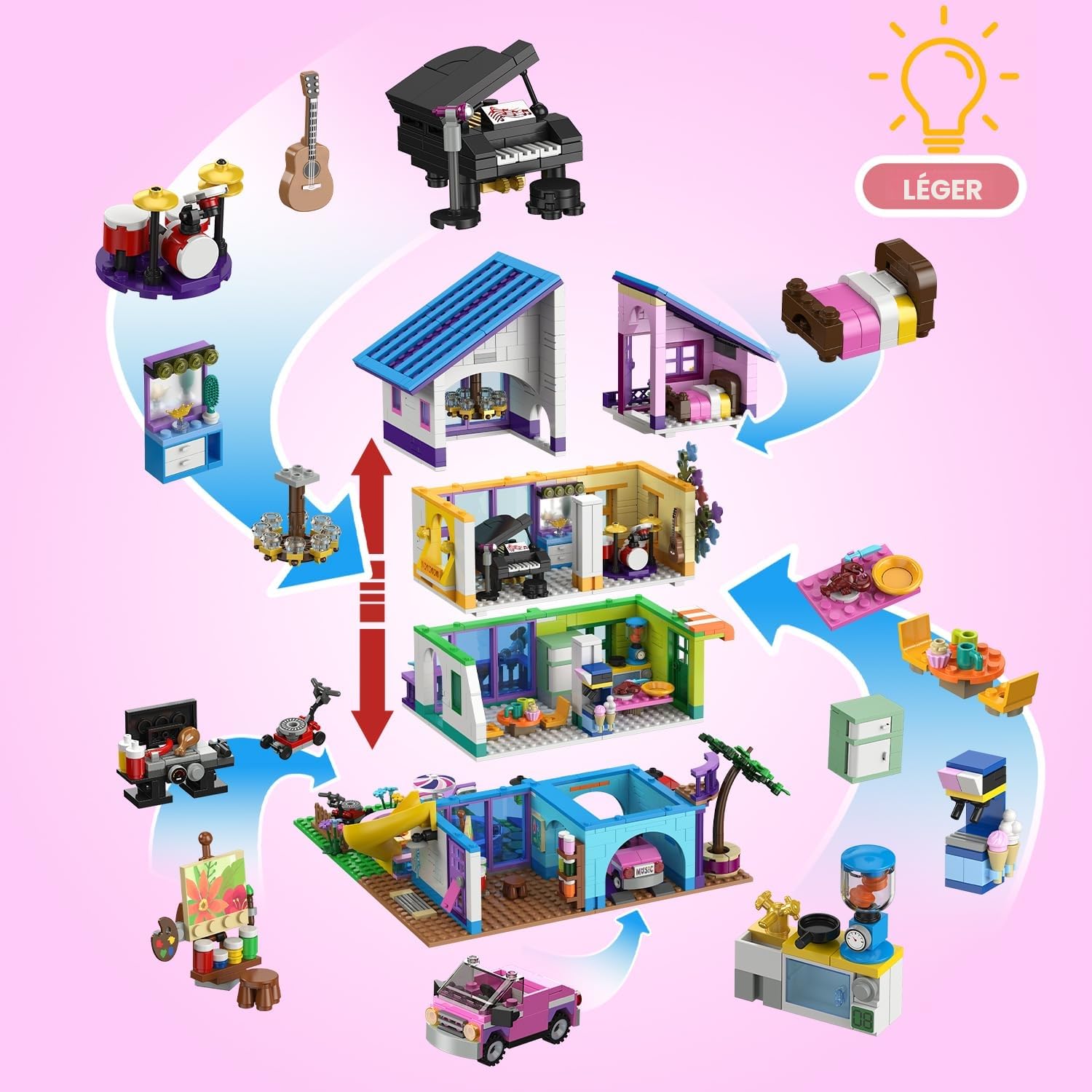 CUBIMANA Friends Maison de Filles avec Lumière LED pour Enfant de 6+ Ans | Kit de Construction Fille avec Voiture et Piscine, 1317PCS Maison Jeu de Rôle, Cadeau Noël Anniversaire pour Fille Garçon