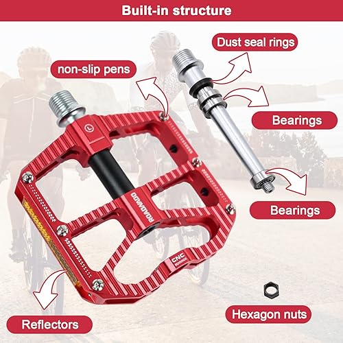 Miniatura 3 de ROADNADO Bicycle Pedals 3 Bearings Bike Pedals Flat Pedals Aluminum Alloy Bicycle Pedal with 2 Reflective Boards MTB Pedals Lightweight Non-Slip