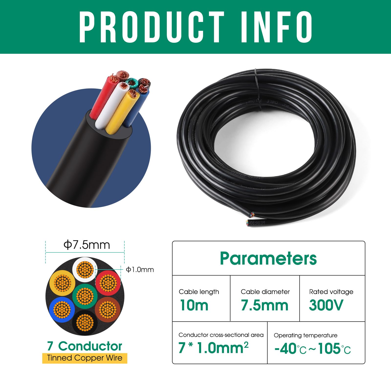 SWAWIS 10m 7 Polig Kabel für Anhänger Fahrzeugkabel 1mm², Kupferkern, Flexible 7 Adrig Anhängerkabel Fahrzeugleitung Rundkabel für LKW KFZ RV Verschiedene Anwendungen