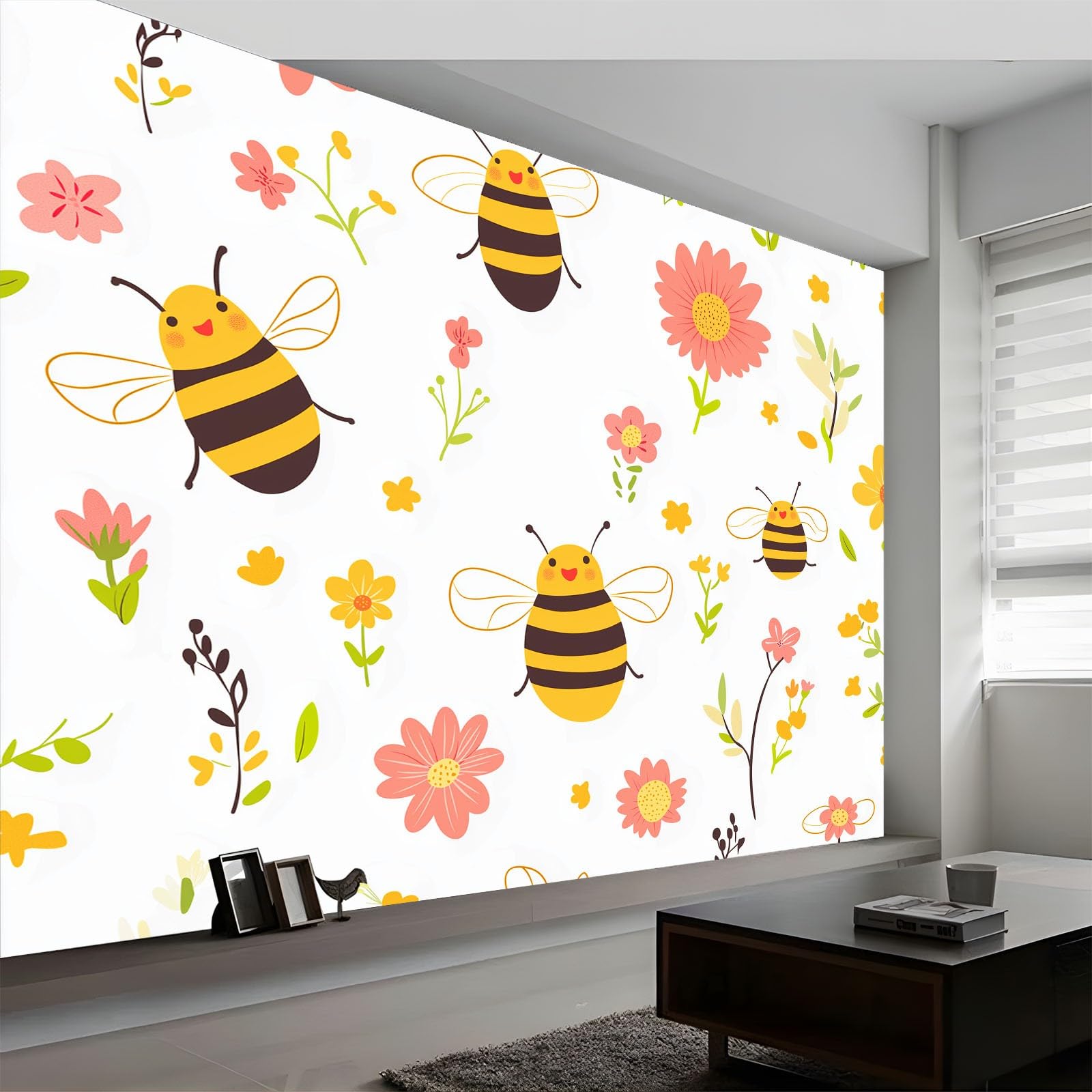 Panoramiczna tapeta 3D 350 x 256 cm urocza ręcznie rysowana pszczoła tapeta z włókniny, duży plakat ścienny do salonu, dekoracji pokoju dziecięcego, łatwy w montażu, beżowy