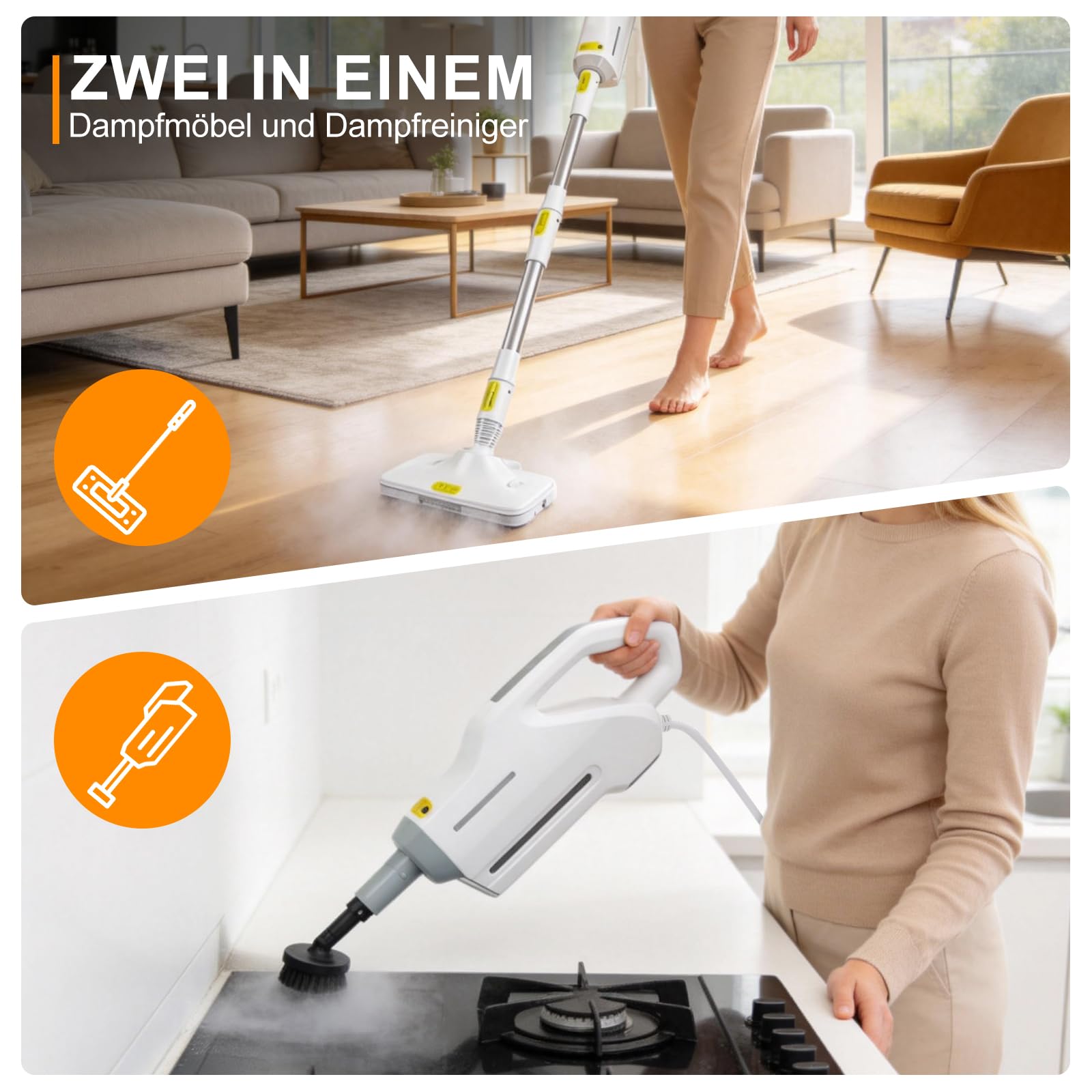 Limpiador a Vapor 1500W de Mano con Depósito Extraíble, Mopa de Vapor Multifuncional con Accesorios, Limpiador de Vapor de 500 ml para Suelos, Alfombras, Azulejos y Cocina