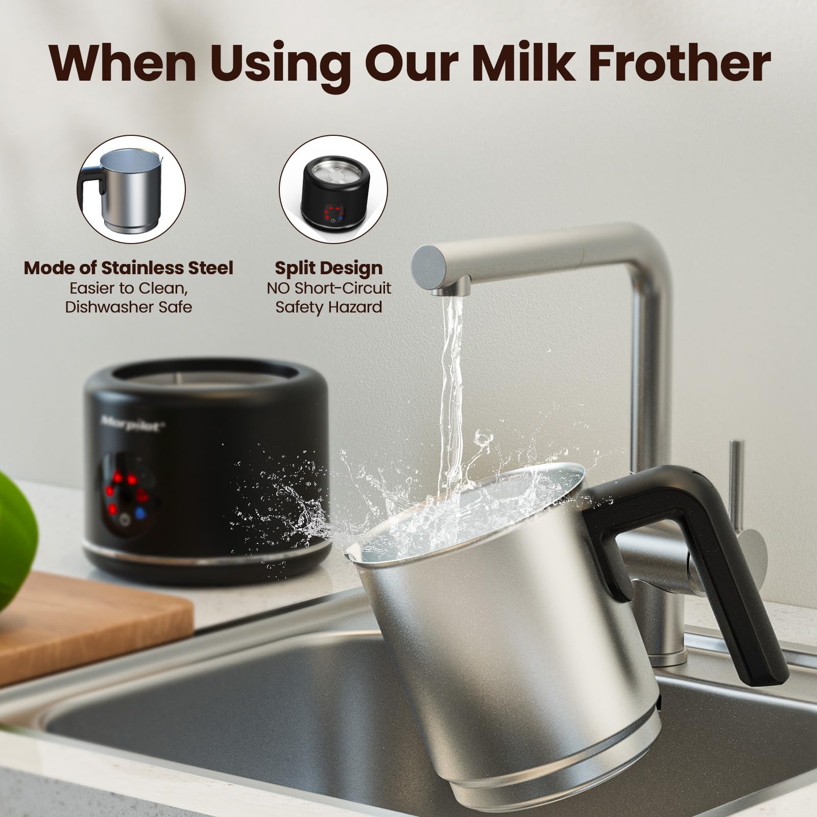 Morpilot Espumador de Leche Eléctrico 500ml, Calentador de Leche 6 en 1, para Espuma Caliente y Fría, Chocolate Caliente, Latte, Capuchino y Macchiato, Apto para Lavajillas, Acero Inoxidable, Negro